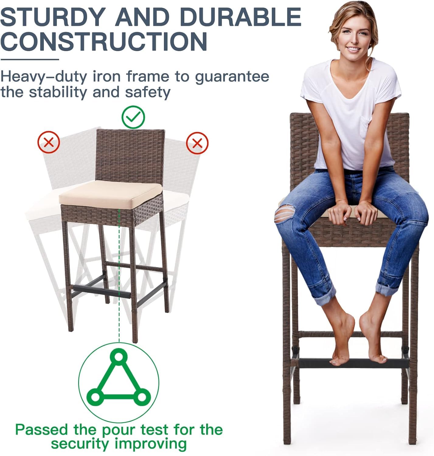 HOMREST Rattan Bar Stools Set of 4, Wicker Woven Patio Stools & Patio Bar Chairs with Seat Cushion and Cozy Footrest, Outdoor Furniture Armless Counter Height, Brown
