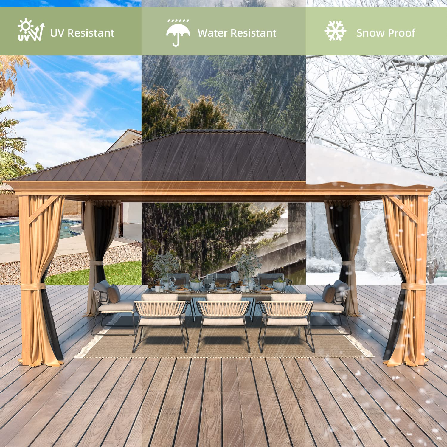 Homrest 12' x 16' Gazebo Hard-Top Single Roof Canopy,Wood Grain Aluminum Gazebo