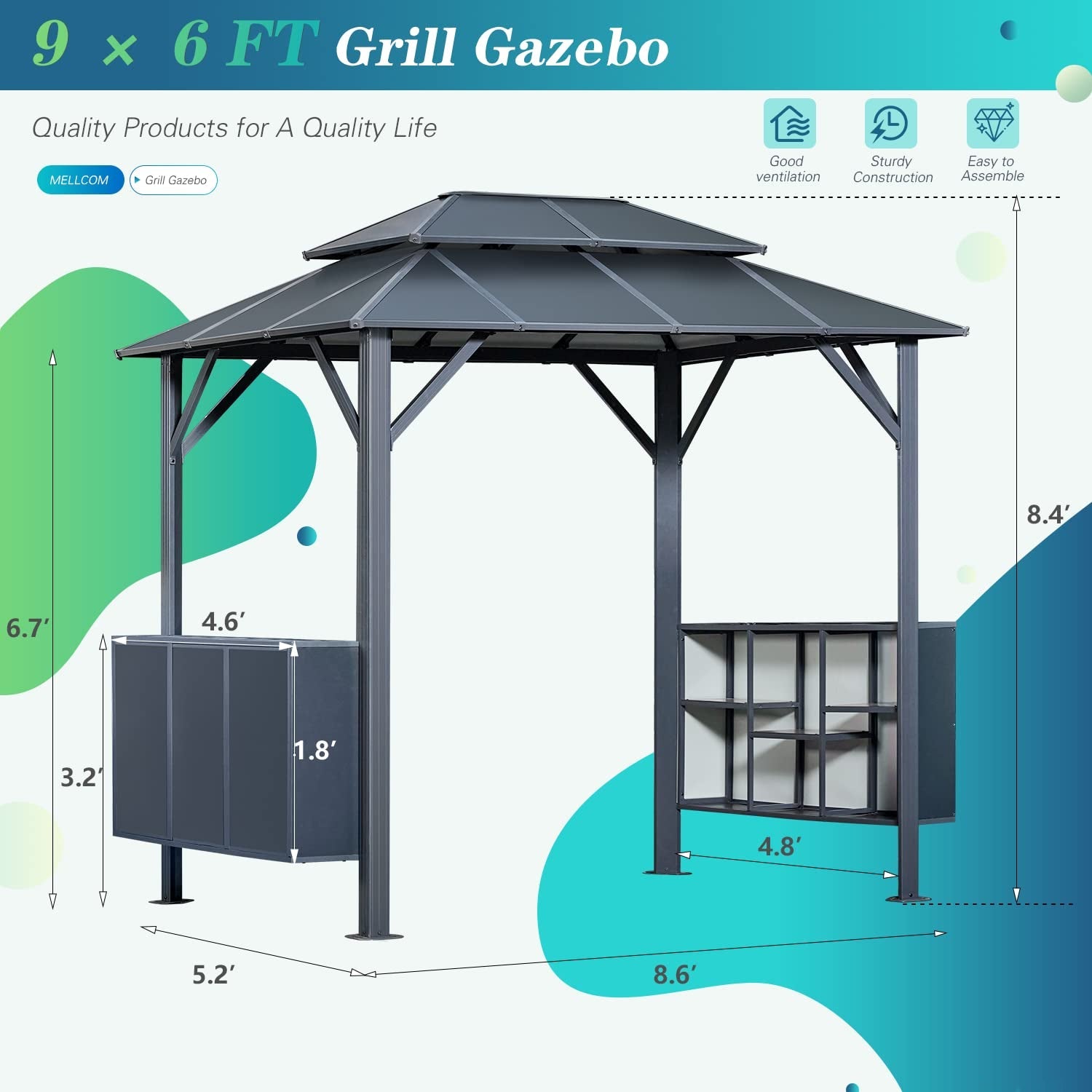 HOMREST 9x6 FT Aluminum Outdoor Gazebo with Double Roof