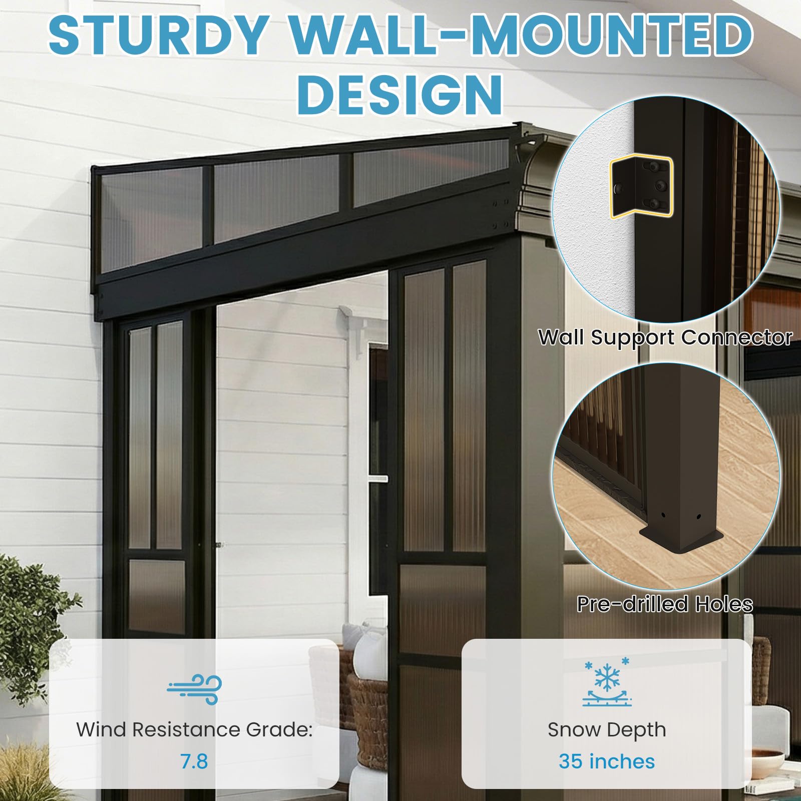 HOMREST 10x12 Lean-to Sunroom Gazebo, Enclosed Patio Shelter with Sliding Doors, Polycarbonate Roof and Brown-Tinted Panels, Aluminum Frame for Backyard