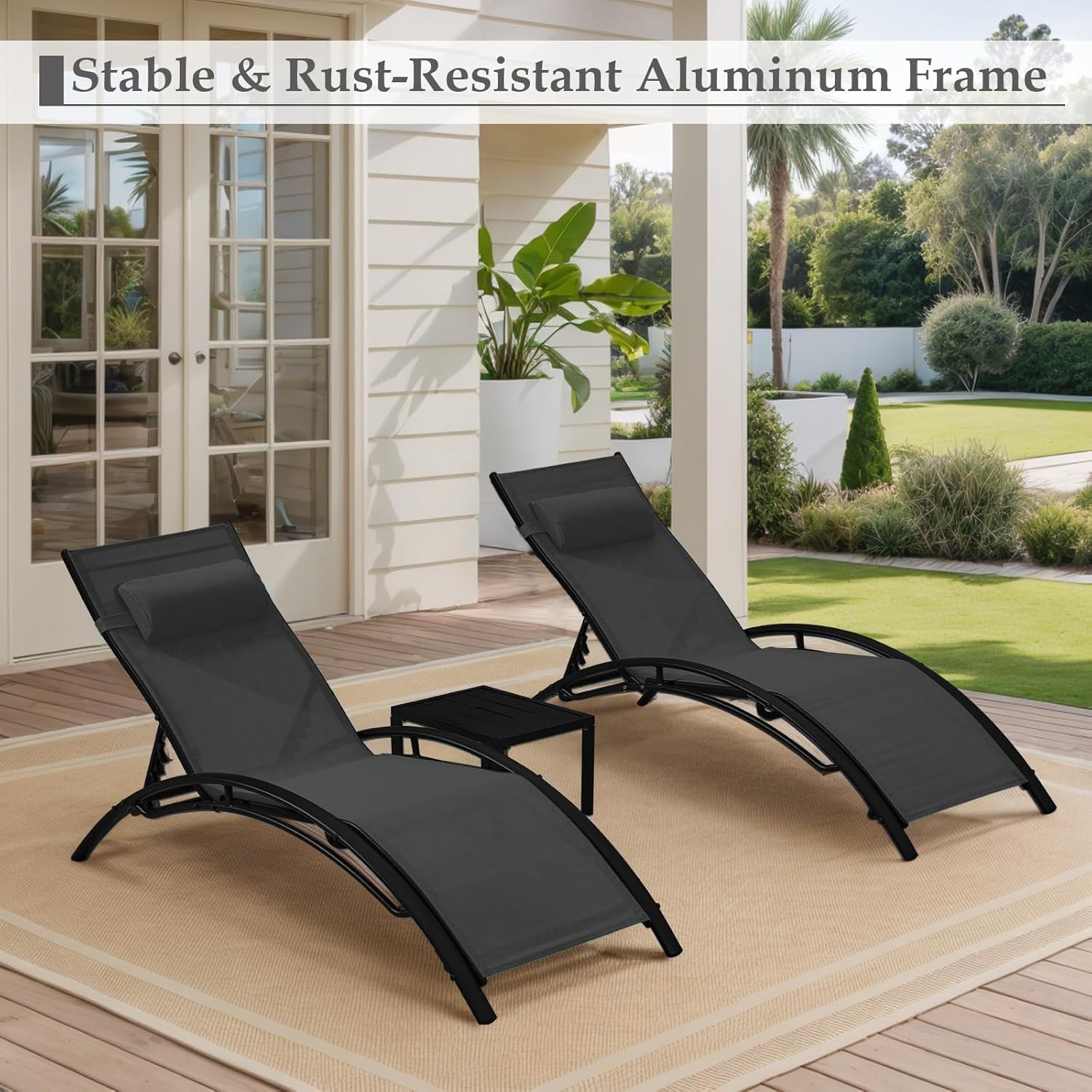 HOMREST 3-Piece Outdoor Chaise Lounge Set, Reclining Patio Chairs with Side Table, Black