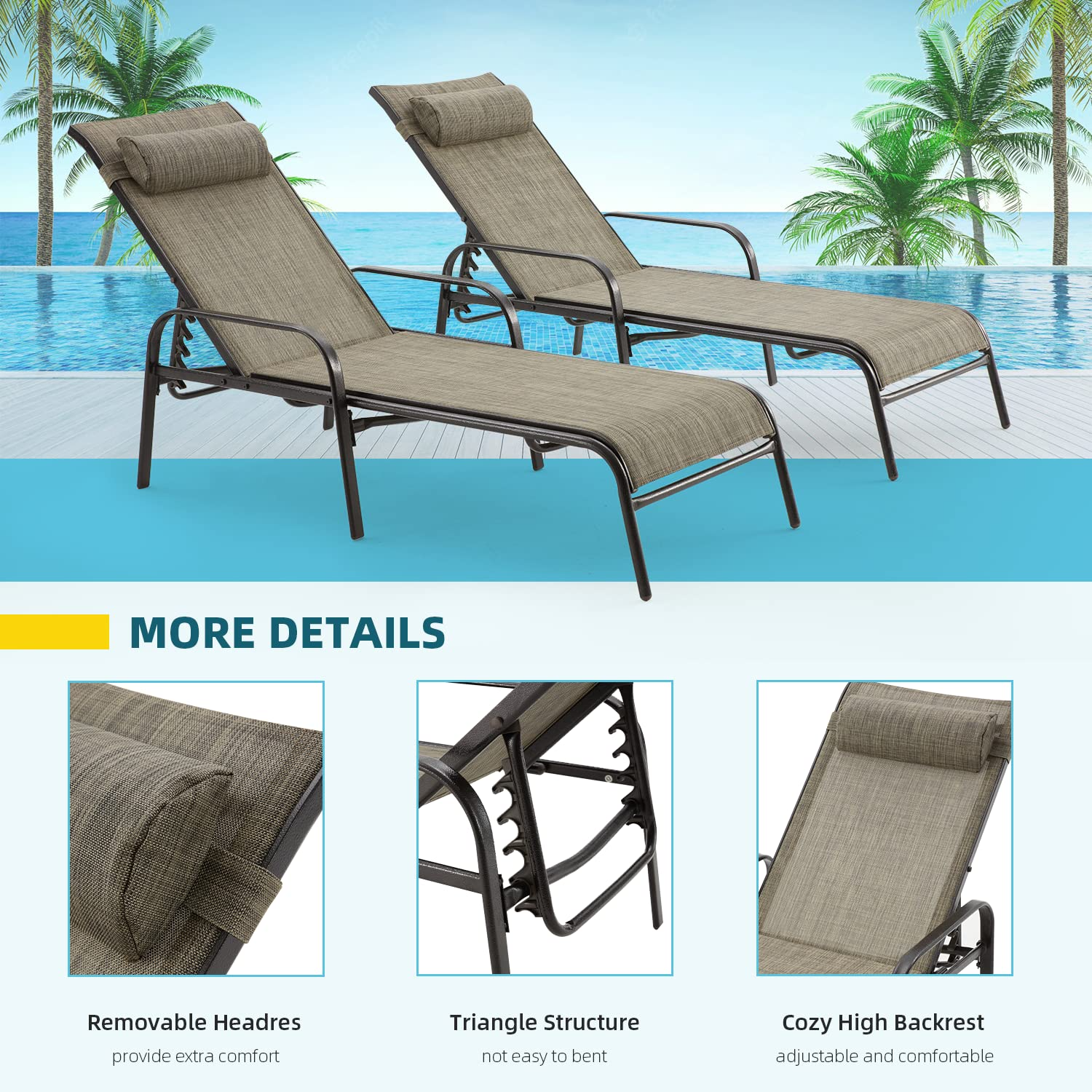 HOMREST Set of 2 Chaise Lounges Patio, Outdoor Lounge Chairs with Adjustable Backrest, All-Weather Textilene