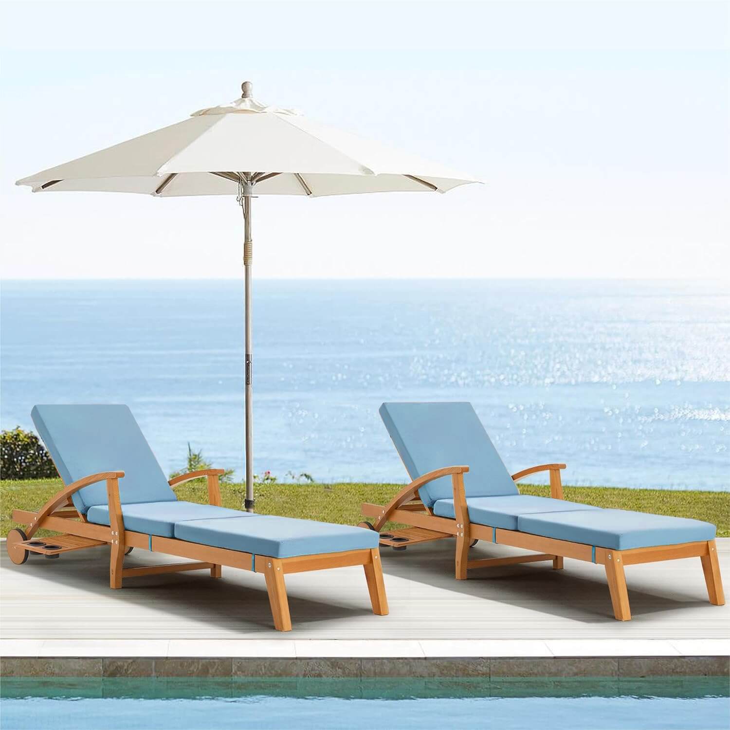 Outdoor Wood Chaise Lounge Chair Set of 2, with Slide-Out Tray, Adjustable Backrest, Moving Wheels and Breathable Fabric (Light Blue)