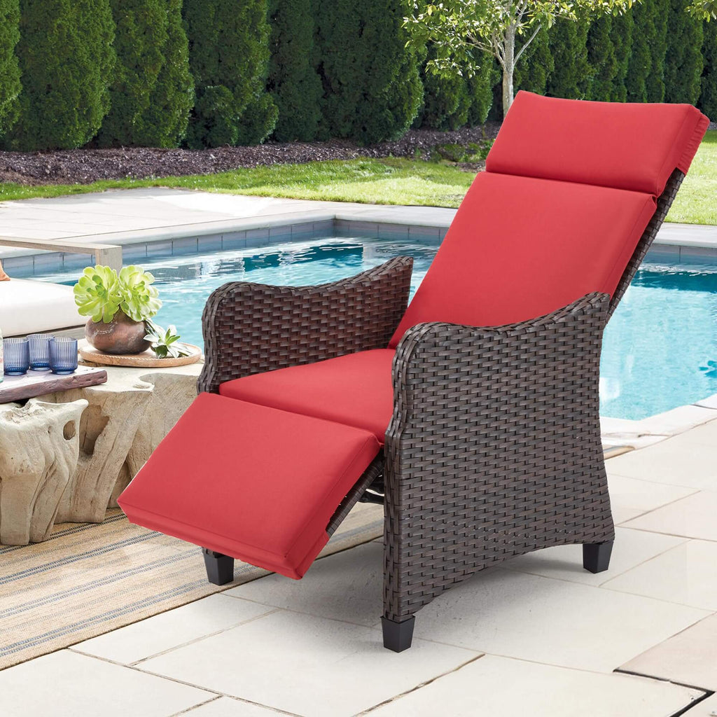 Homrest Outdoor Recliner Chair, Rattan Lounge Chair with Removable Cushion, Red