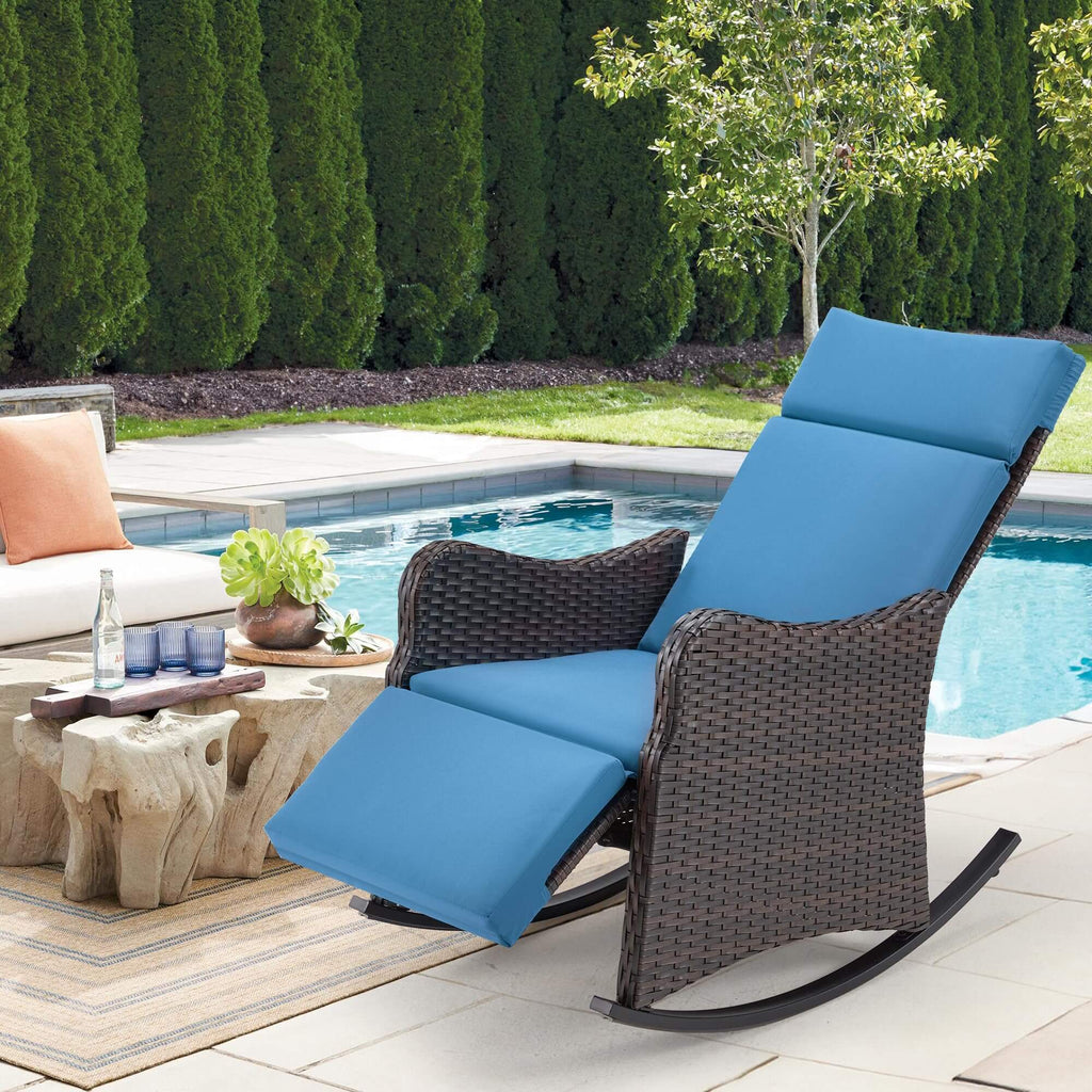 Homrest Outdoor Recliner Chair, Rattan Wicker Rocking Chair with Cushion, Blue