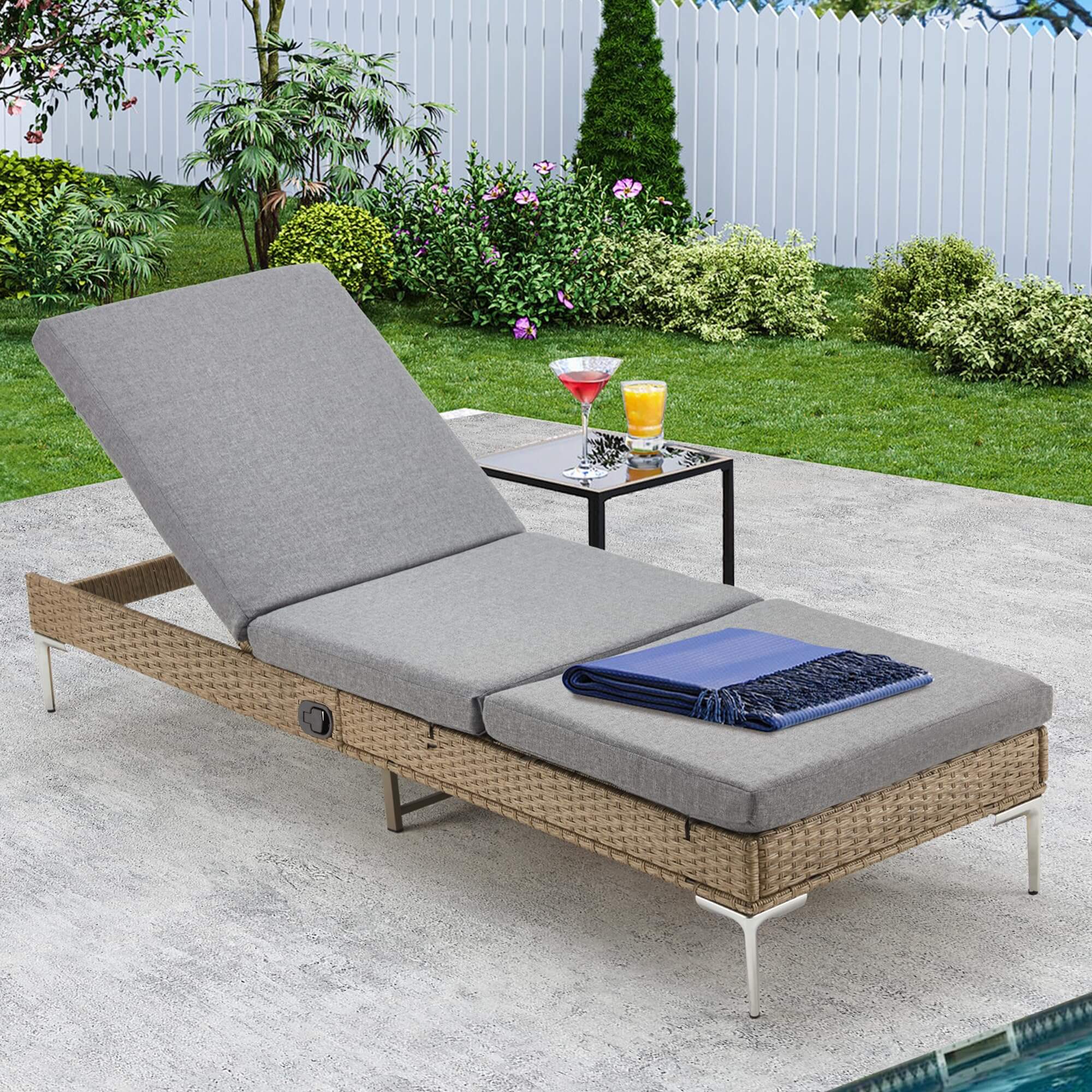 Homrest Patio Rattan Chaise Lounge Chair, Outdoor Wicker Recliner Thickened Cushion Stepless Adjustable with Gas Cylinder, Gray