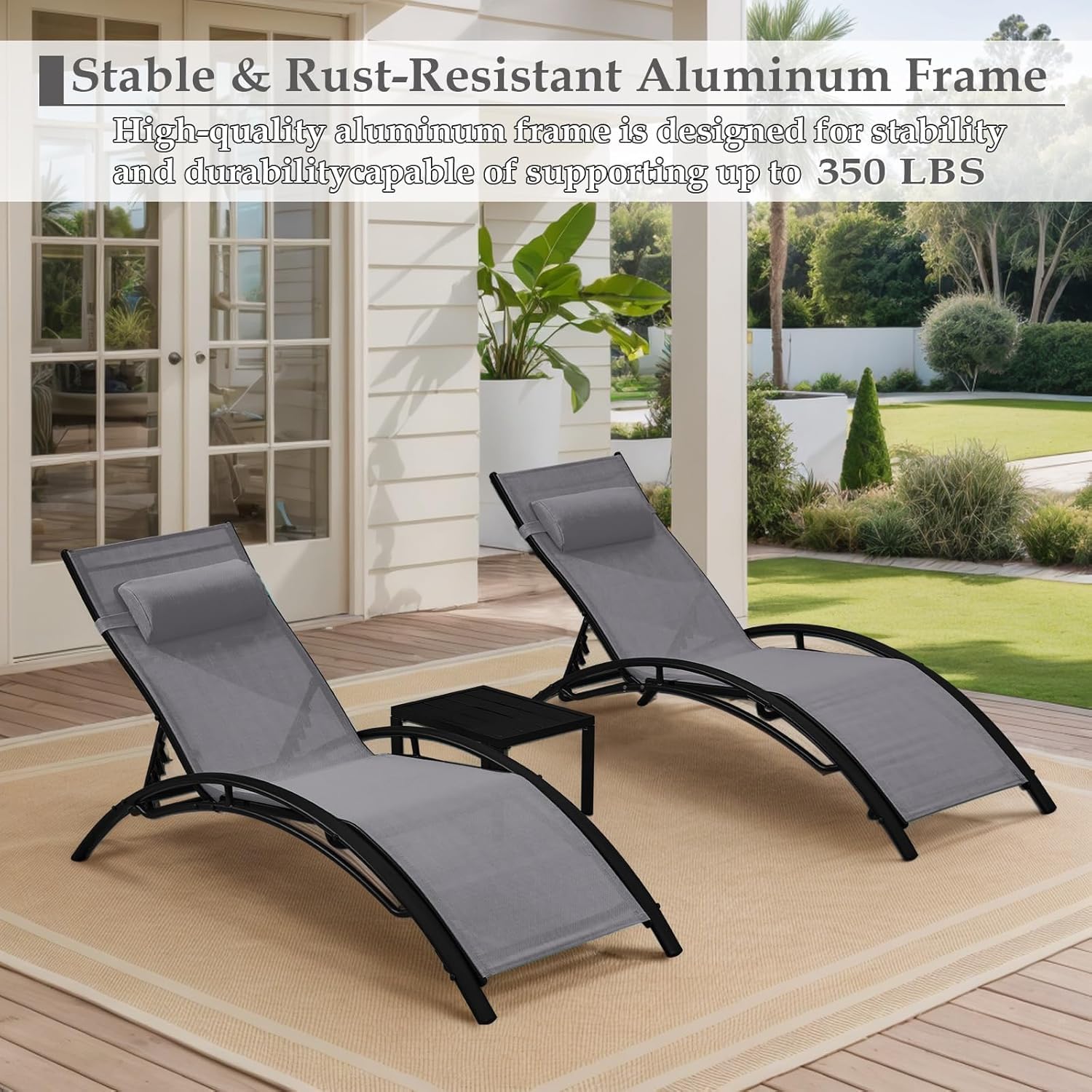 HOMREST 3-Piece Outdoor Chaise Lounge Set, Reclining Patio Chairs with Side Table, Gray