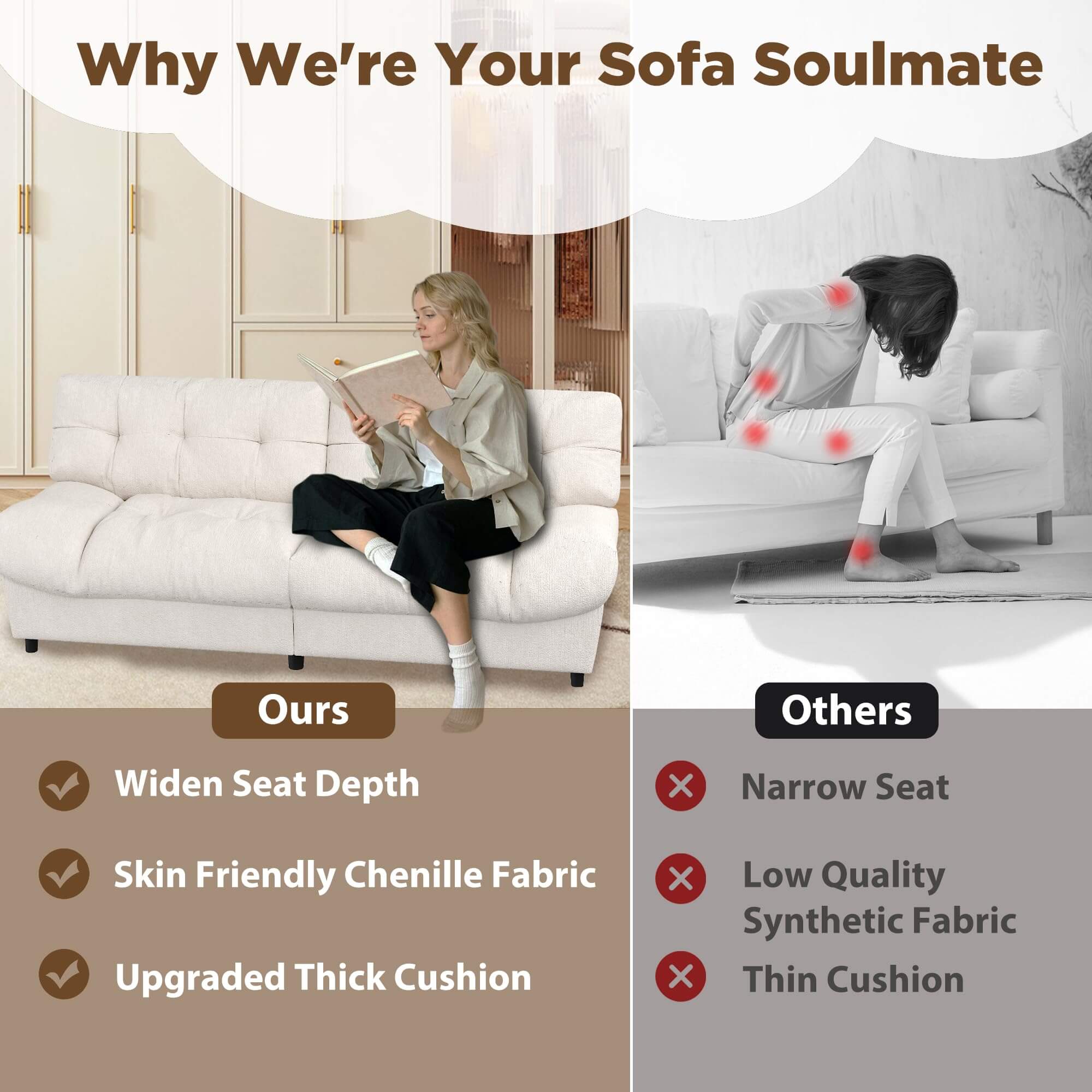 HOMREST 80 Inch Chenille Cloud Sofa Loveseat, Deep Seat Couch with Pillow Armrests, Beige White