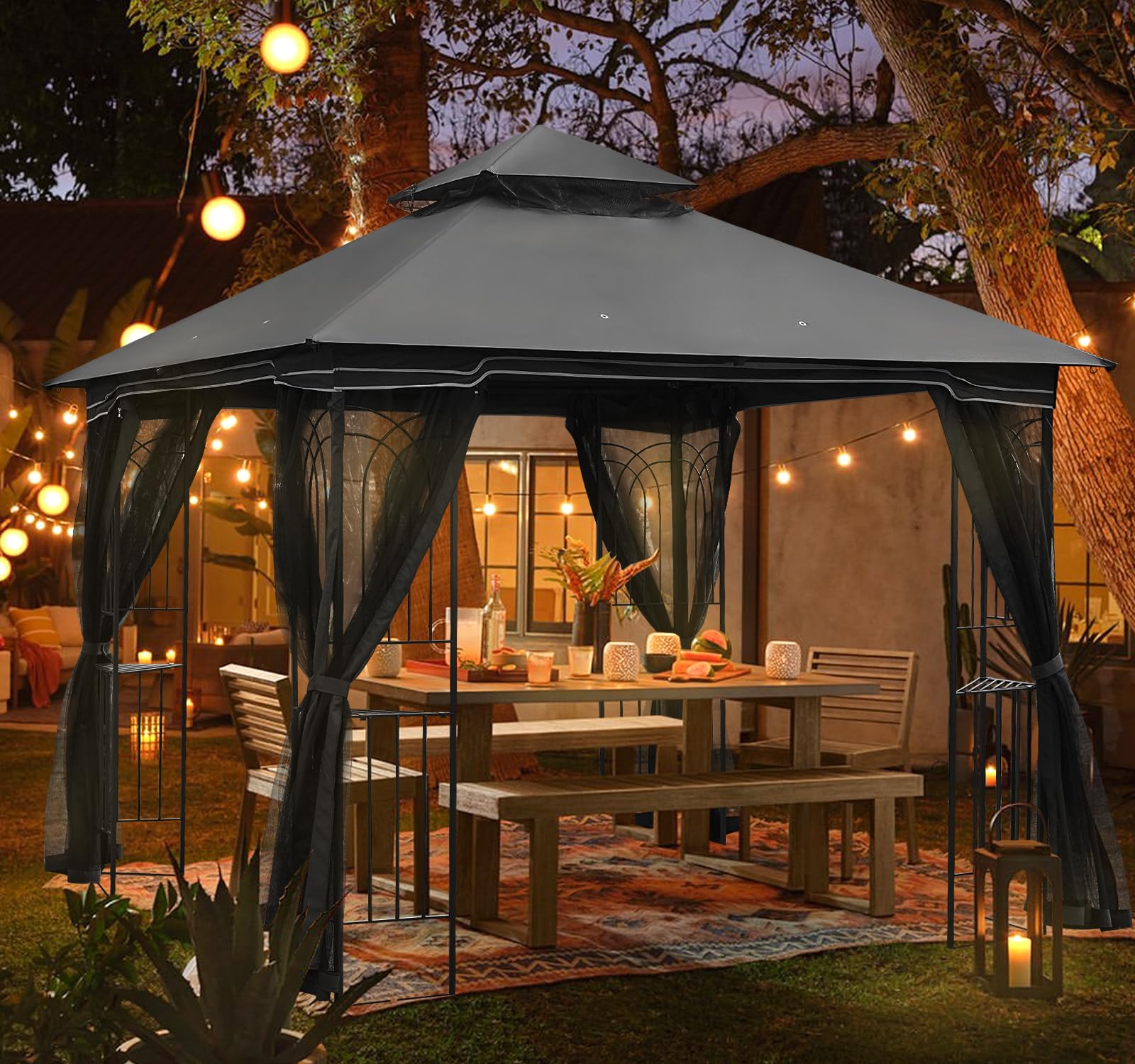 HOMREST Outdoor Gazebo 10'x10', Heavy Duty Canopy Tent with Soft Double Roofs & Metal Corner Frame Shelves, Party Tent Shelter with Mosquito Netting for Patio, Deck, Backyard, Gray