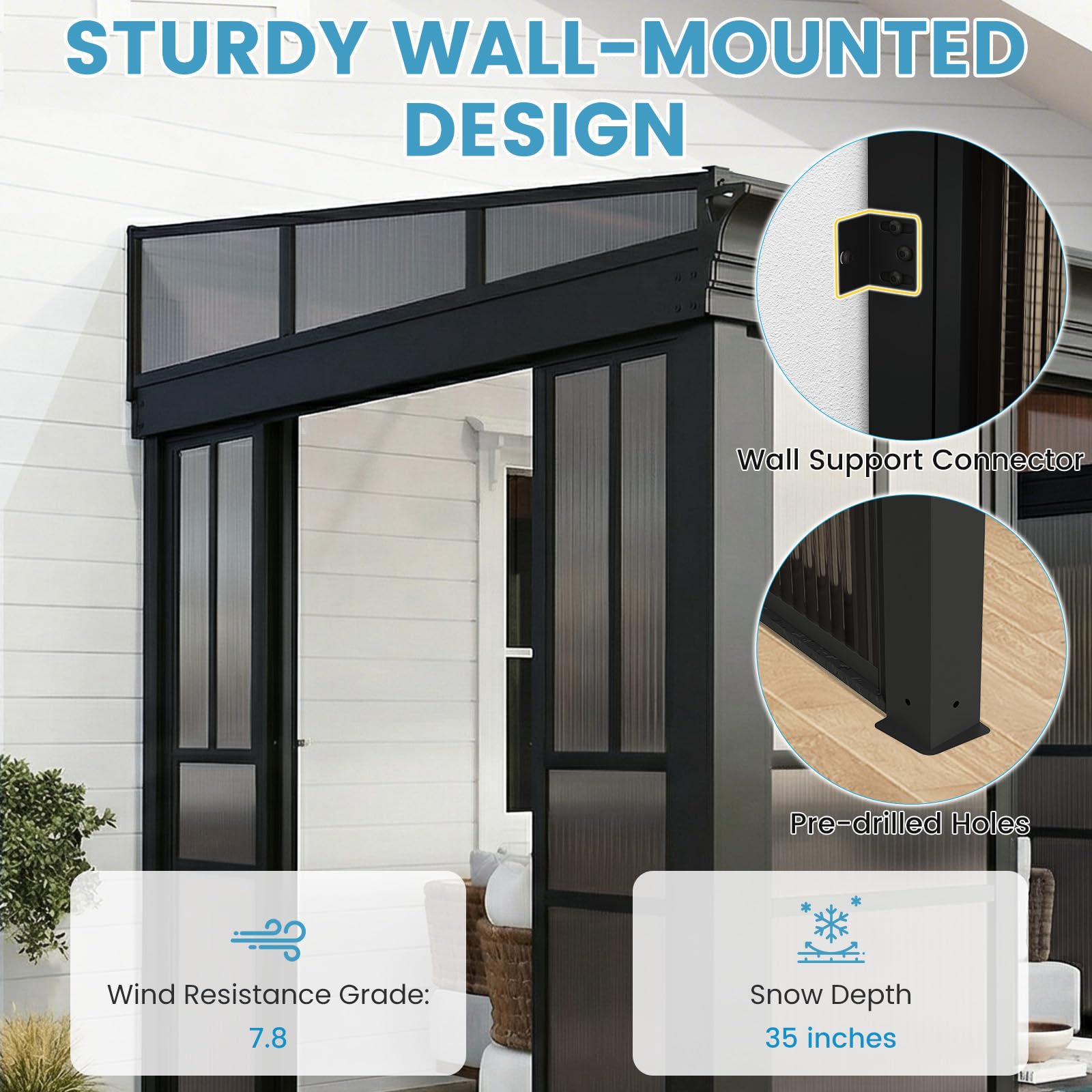 HOMREST 8x12 Lean-to Sunroom Gazebo, Enclosed Patio Shelter with Sliding Doors, Polycarbonate Roof and Gray-Tinted Panels, Aluminum Frame for Backyard