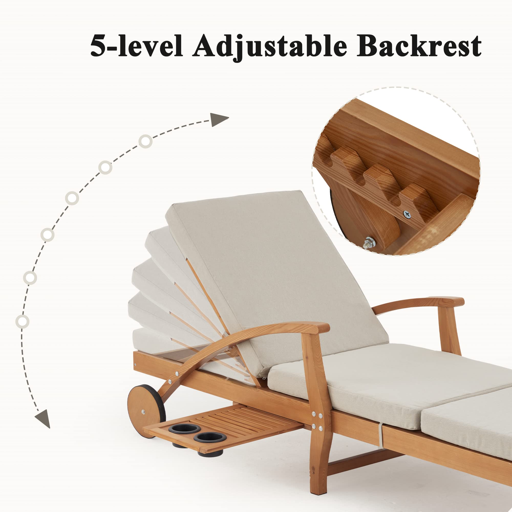 Outdoor Wood Chaise Lounge Chair Set of 2, with Slide-Out Tray, Adjustable Backrest, Moving Wheels and Breathable Fabric