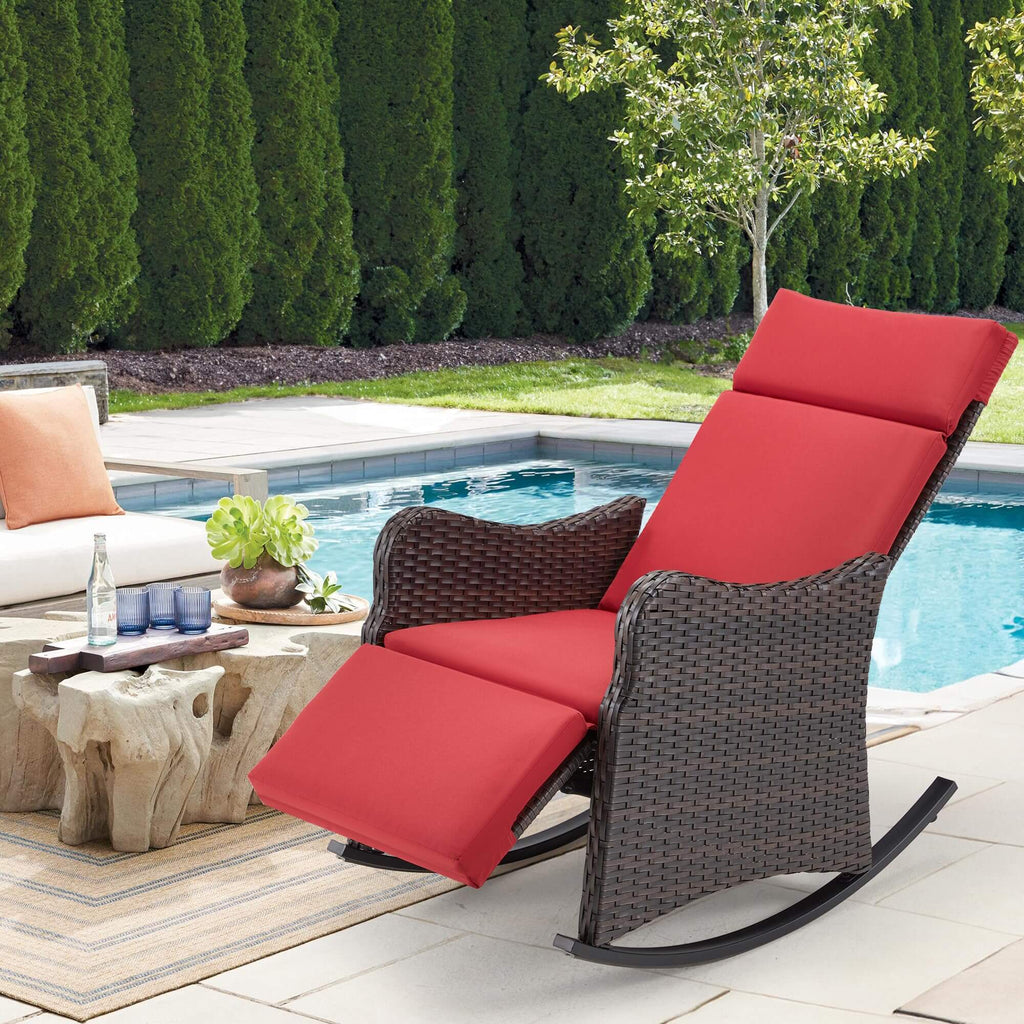 Homrest Outdoor Recliner Chair, Rattan Wicker Rocking Chair with Cushion, Red