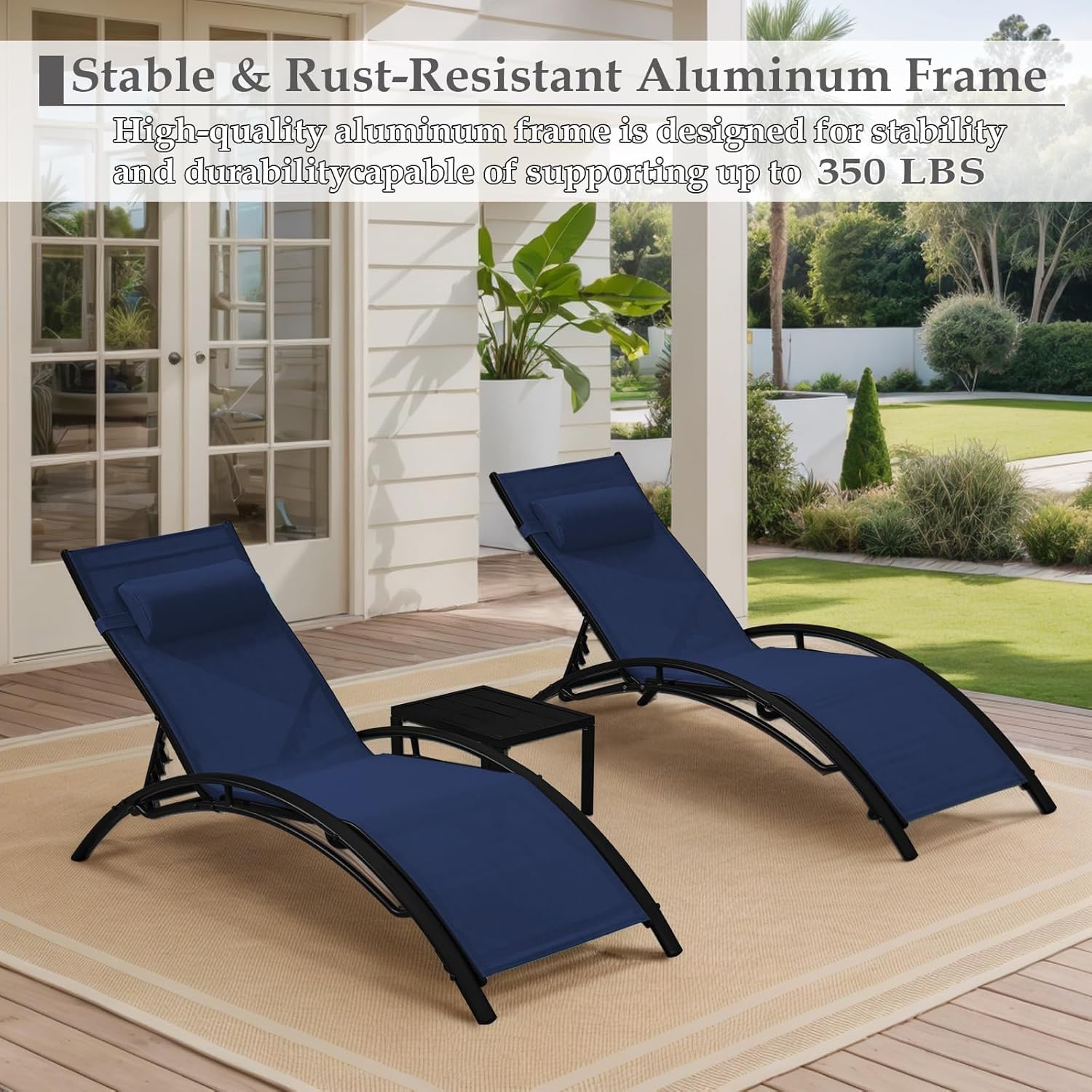 HOMREST 3-Piece Outdoor Chaise Lounge Set, Reclining Patio Chairs with Side Table, Navy Blue