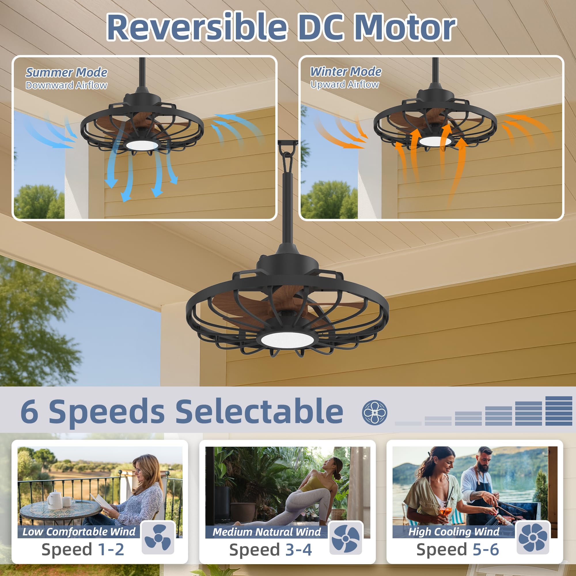 HOMREST 20" Outdoor Ceiling Fan with Light，IP65 Waterproof Plug in Ceiling Fan with Remote and 2 Downrods, Gazebo Caged Hanging Fan with 3 Color LED Light for Porch, Pergola, Canopy, Brown