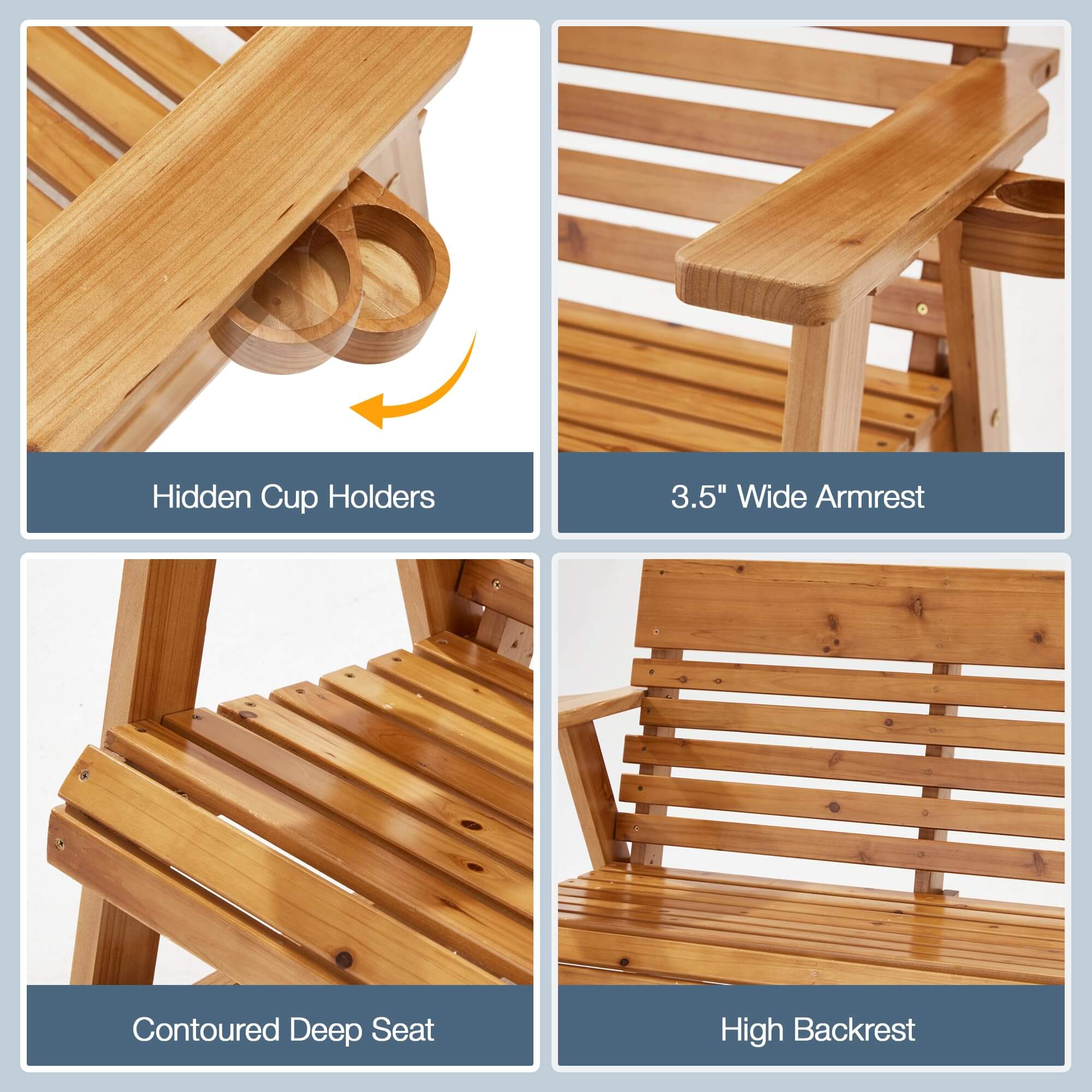 Homrest Wooden Patio Glider Chair with Cup Holders Heavy Duty 700lbs