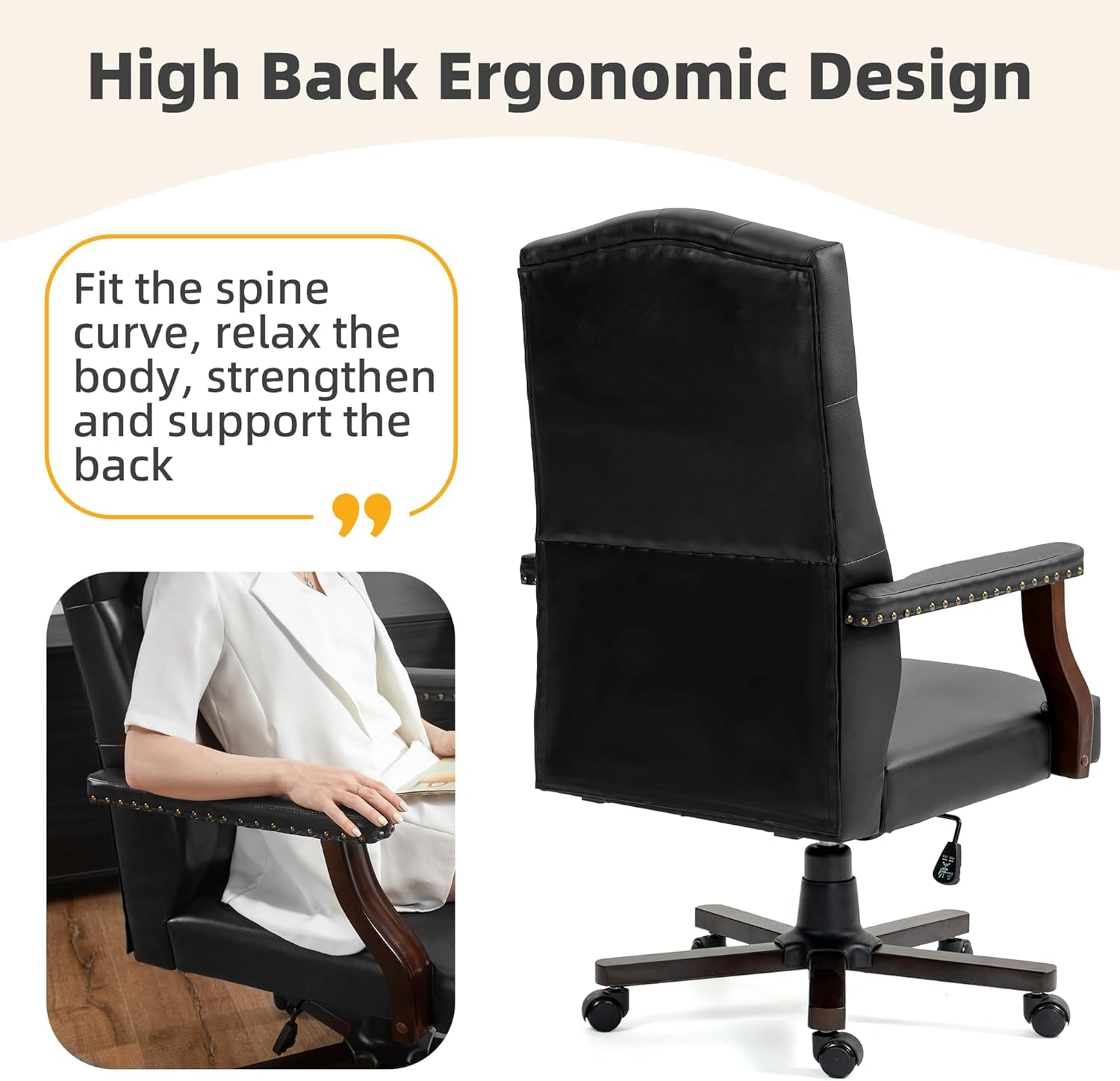 Homrest Executive Wingback Office Chair – Vintage Faux Leather, High-Back Swivel Design – Black