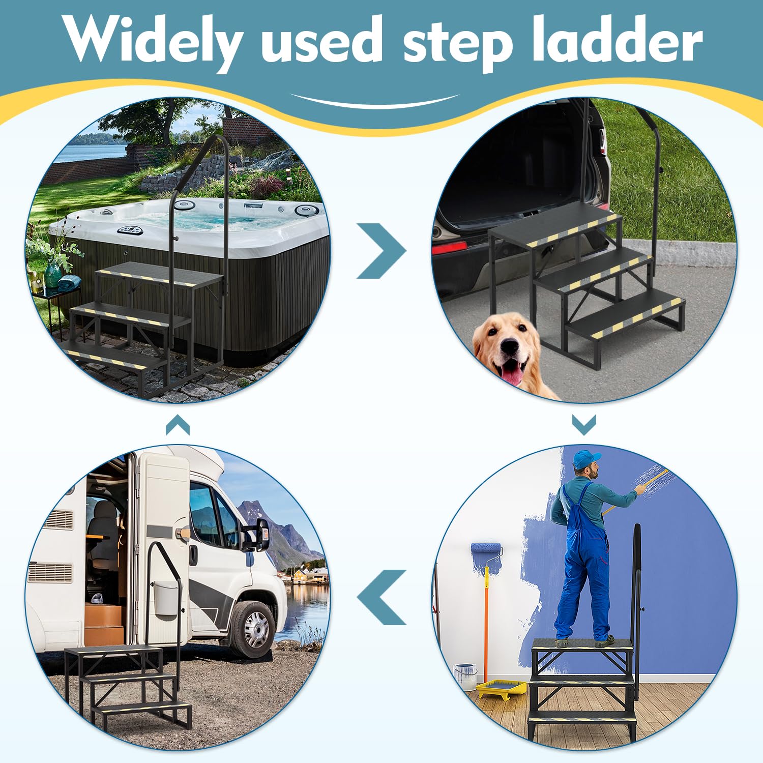 HOMREST 3-Step RV Steps with Handrail, 660 LBS Metal RV Stairs with Armrest Cover, Anti-Slip Hot Tub Steps, Mobile Home Steps with Non-Skid Tapes