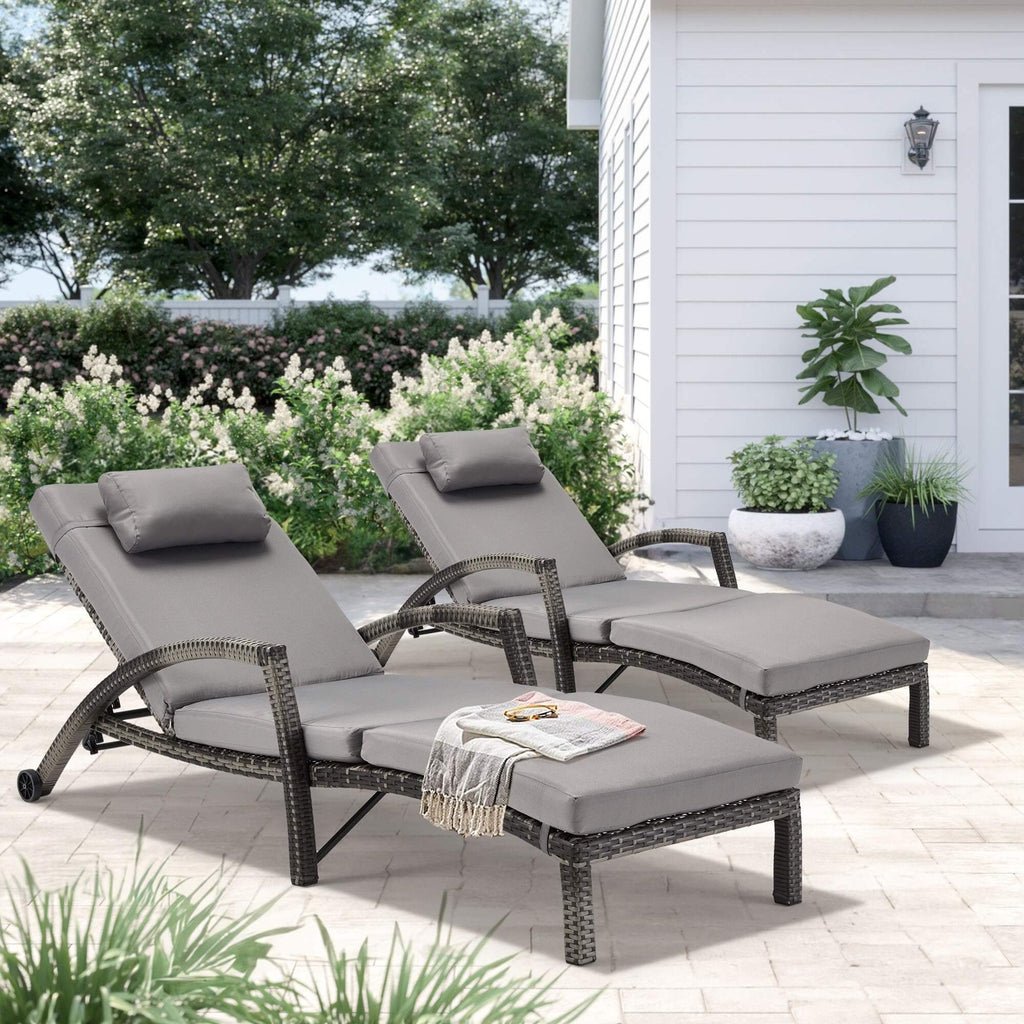 Homrest Patio Lounge Chair Set of 2 with Headpillow & Cushion, Gray