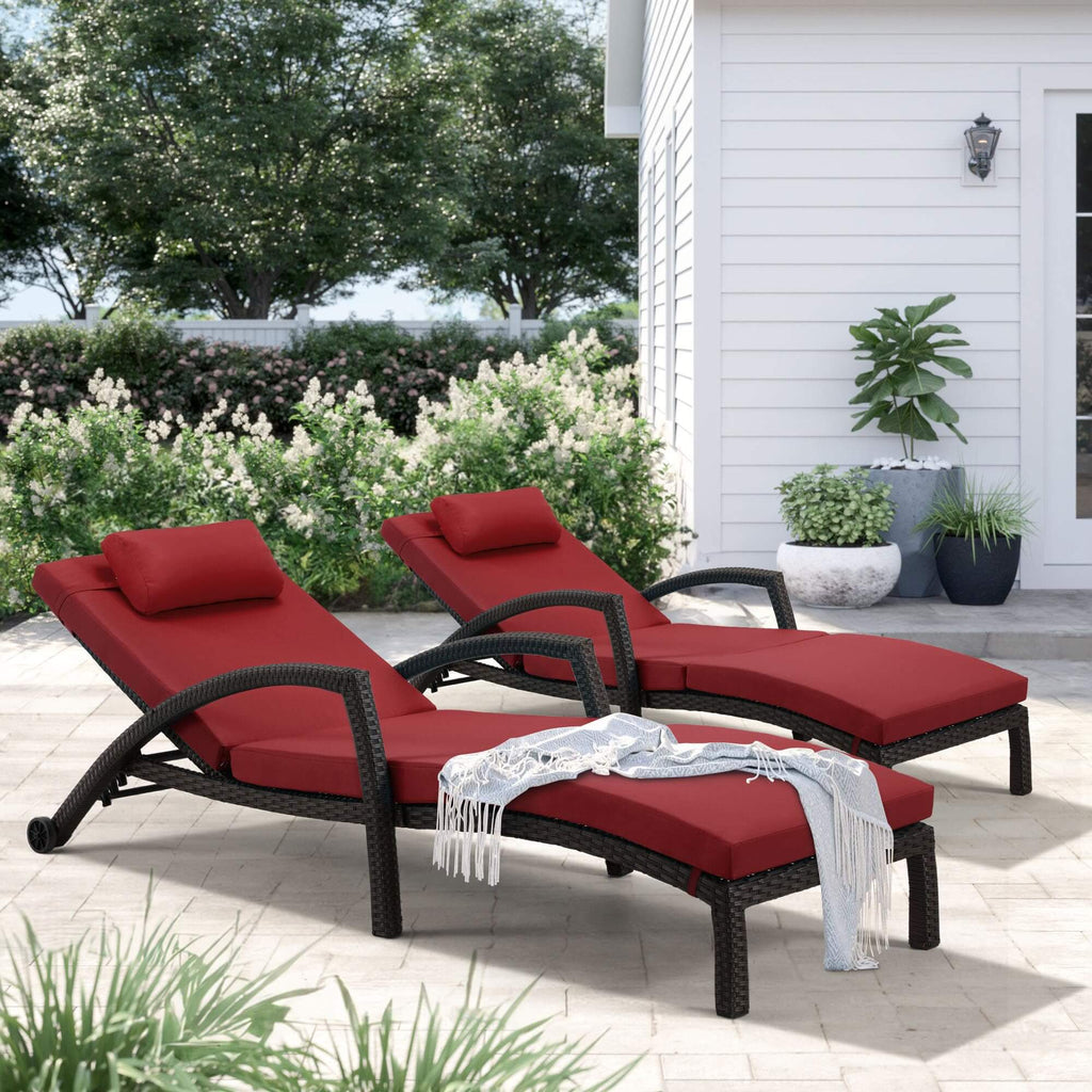 Homrest Chaise Lounge Chairs Set of 2 for Outside,  PE Rattan Wicker Lounge Chair, Wine Red