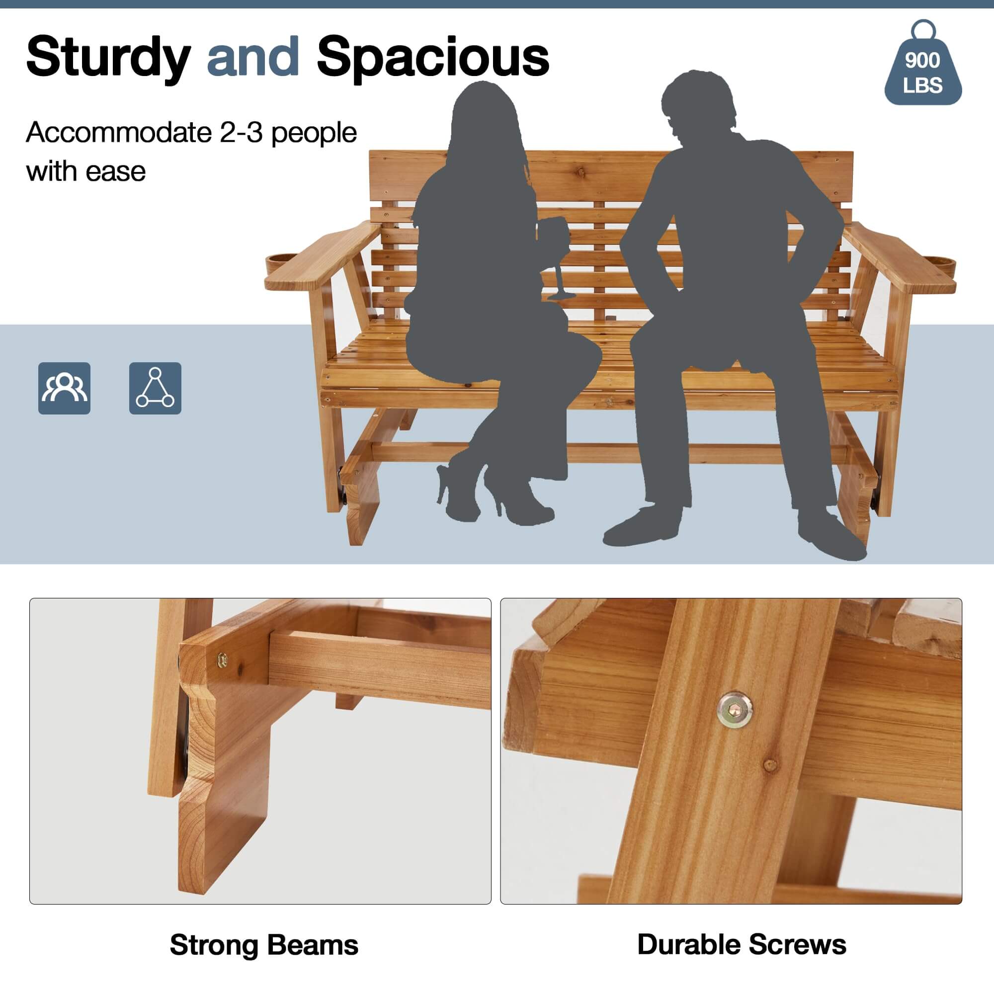 Homrest Wooden Patio Glider Bench with Cup Holders Heavy Duty 900lbs