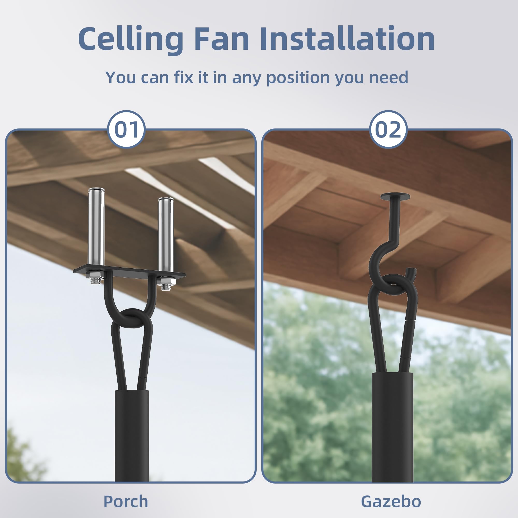 HOMREST 20" Outdoor Ceiling Fan with Light，IP65 Waterproof Plug in Ceiling Fan with Remote and 2 Downrods, Gazebo Caged Hanging Fan with 3 Color LED Light for Porch, Pergola, Canopy, Black