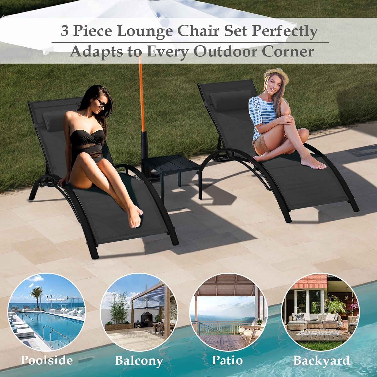 HOMREST 3-Piece Outdoor Chaise Lounge Set, Reclining Patio Chairs with Side Table, Black