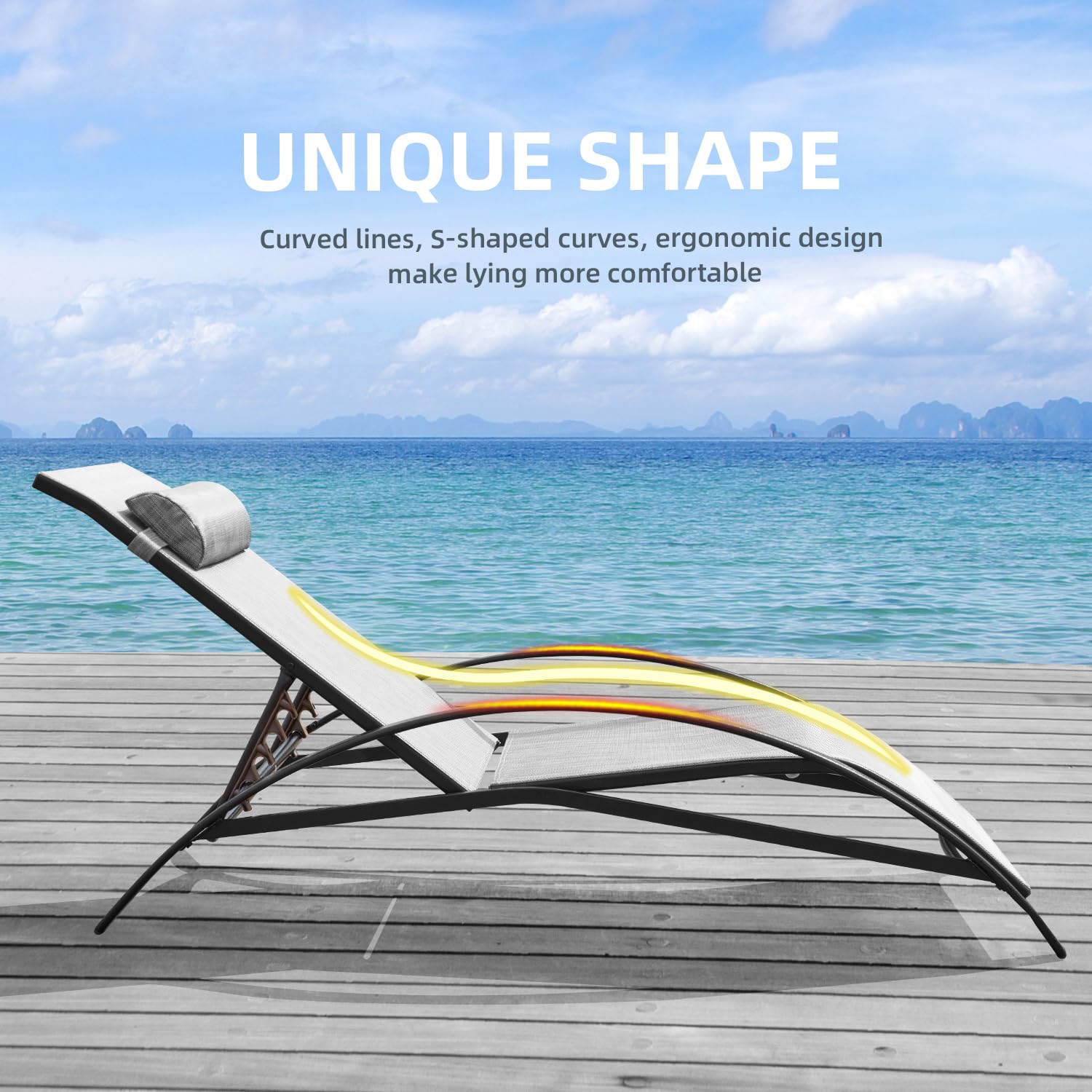 HOMREST Set of 2 Textilene Outdoor Lounge Chairs with Adjustable Backrest, Grey