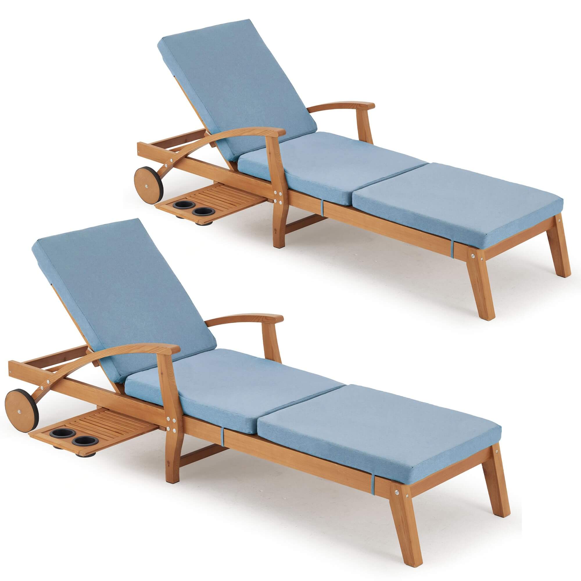 Outdoor Wood Chaise Lounge Chair Set of 2, with Slide-Out Tray, Adjustable Backrest, Moving Wheels and Breathable Fabric (Light Blue)