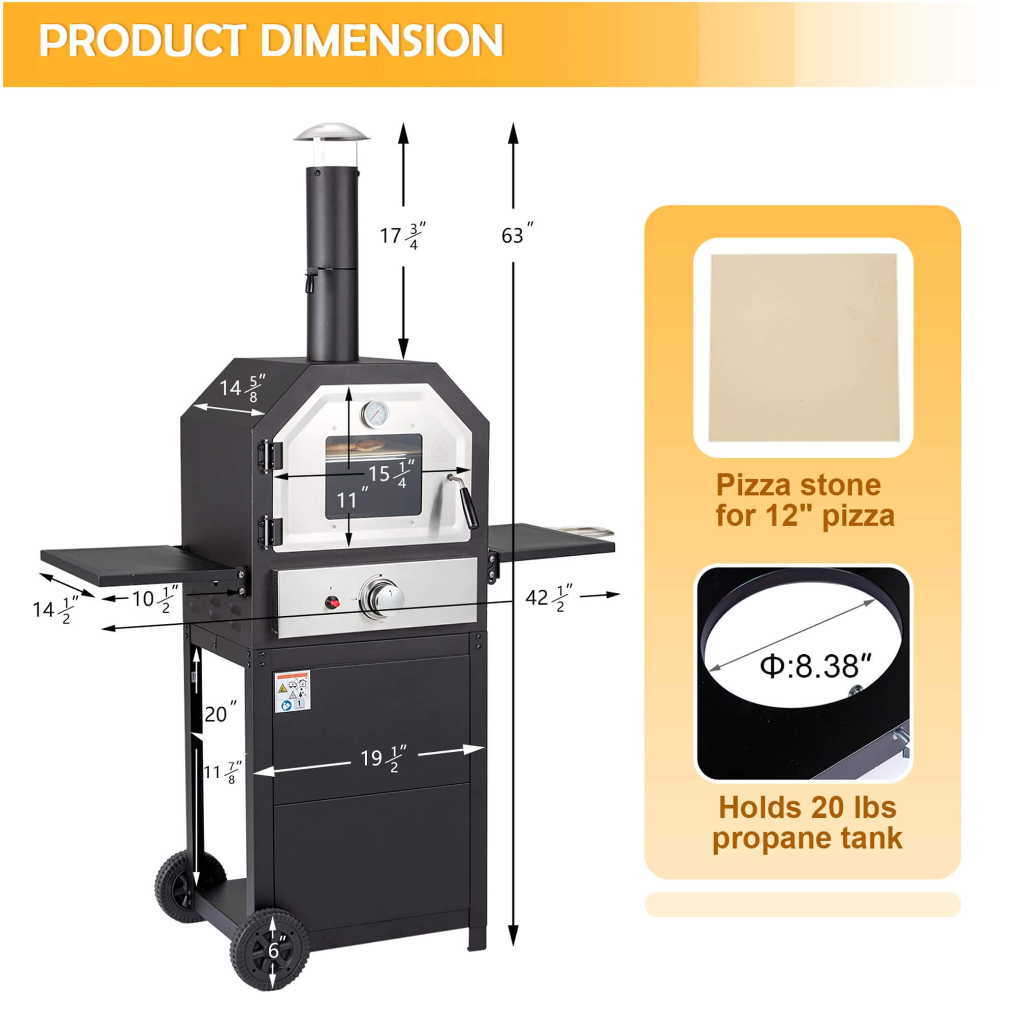 HOMREST Freestanding Outdoor 12" Gas Pizza Oven, CSA Approved Portable Propane Pizza Oven with 2 Foldable Shelves, Wheels and Cover