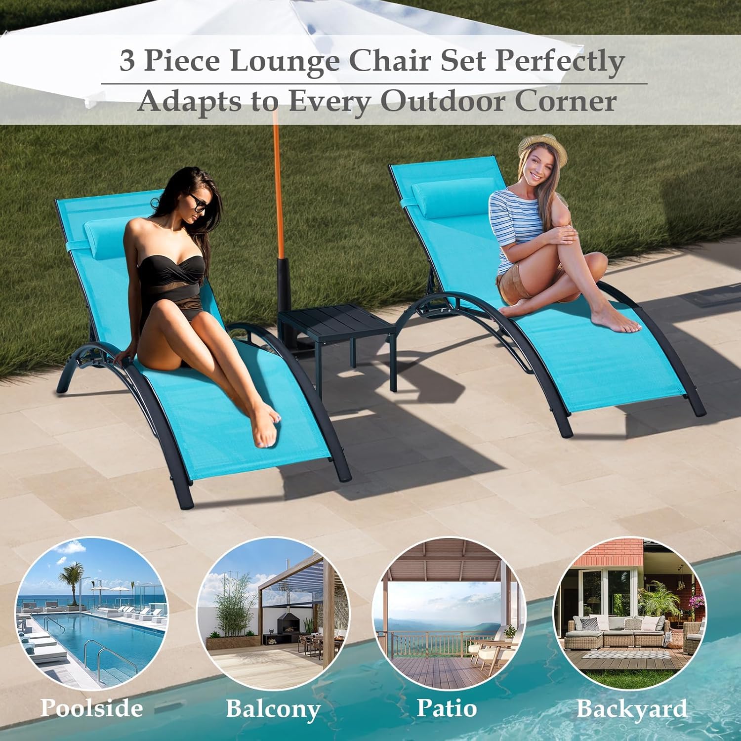 HOMREST 3-Piece Outdoor Chaise Lounge Set, Reclining Patio Chairs with Side Table, Blue