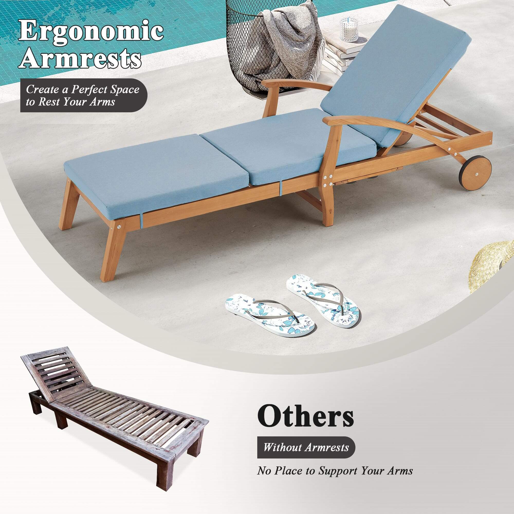 Outdoor Wood Chaise Lounge Chair Set of 2, with Slide-Out Tray, Adjustable Backrest, Moving Wheels and Breathable Fabric (Light Blue)