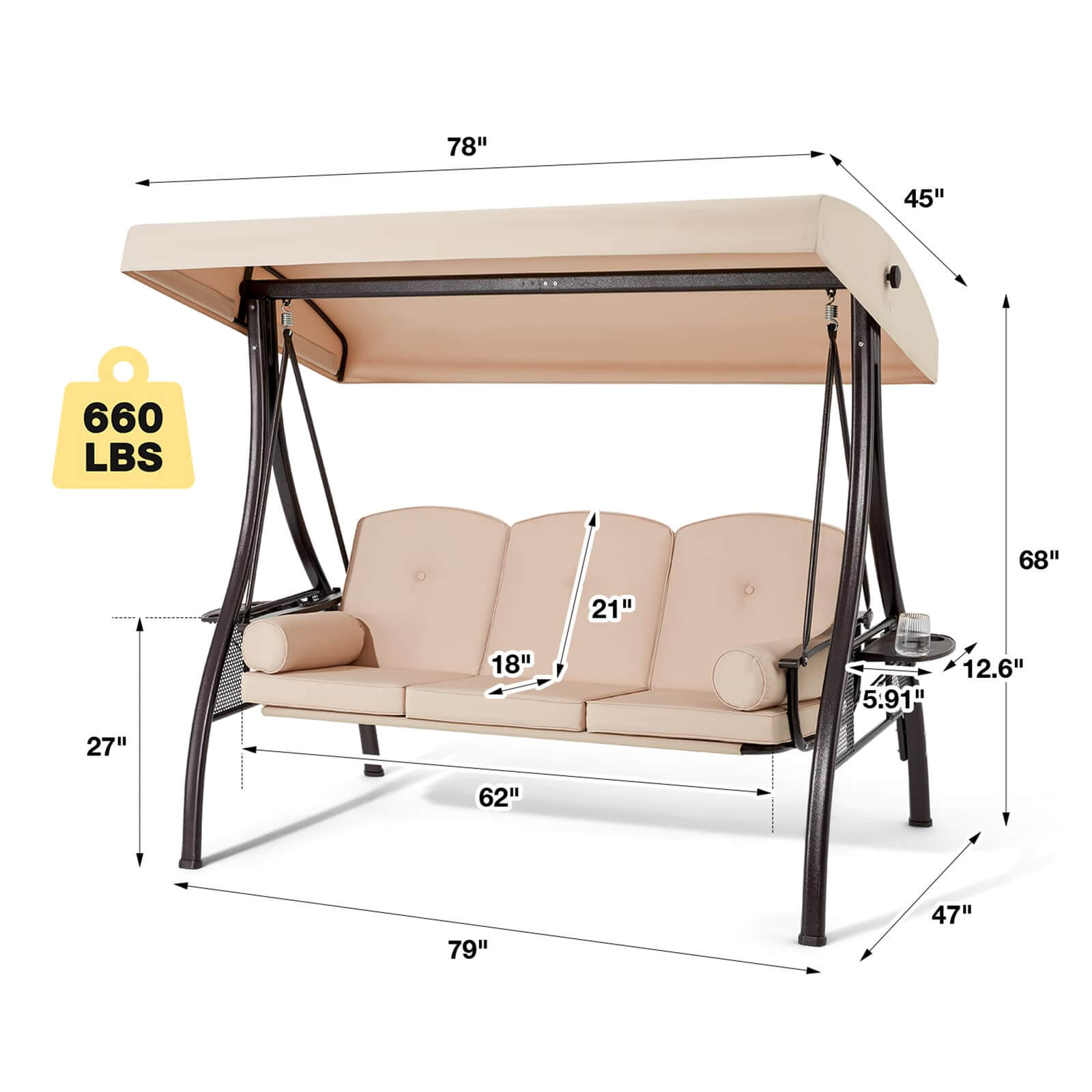 Homrest 3-Seat Outdoor Porch Swing with Adjustable Canopy and Backrest, Khaki