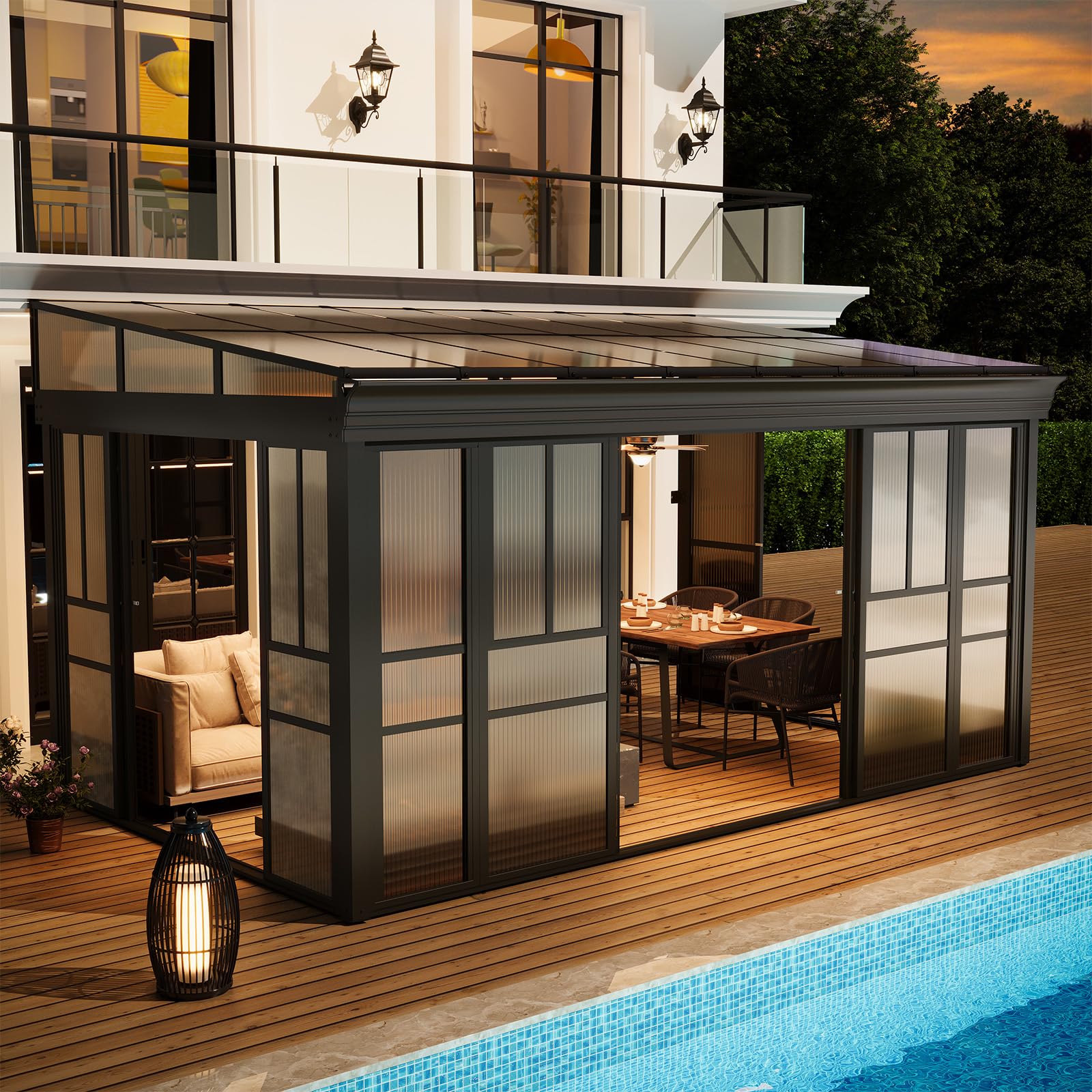 HOMREST 10x16 Lean-to Sunroom Gazebo, Enclosed Patio Shelter with Sliding Doors, Polycarbonate Roof and Gray-Tinted Panels, Aluminum Frame for Backyard