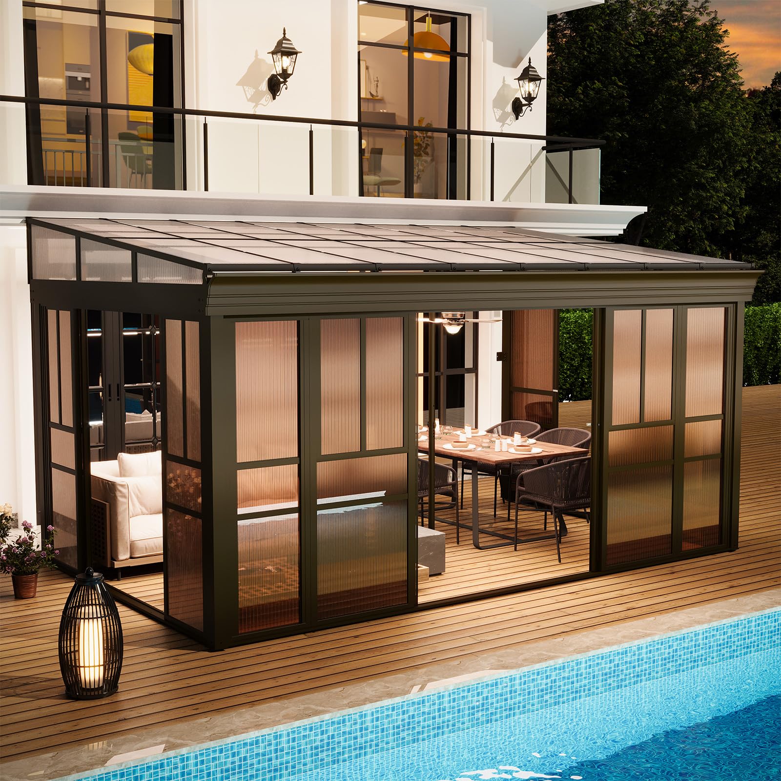 HOMREST 10x16 Lean-to Sunroom Gazebo, Enclosed Patio Shelter with Sliding Doors, Polycarbonate Roof and Brown-Tinted Panels, Aluminum Frame for Backyard