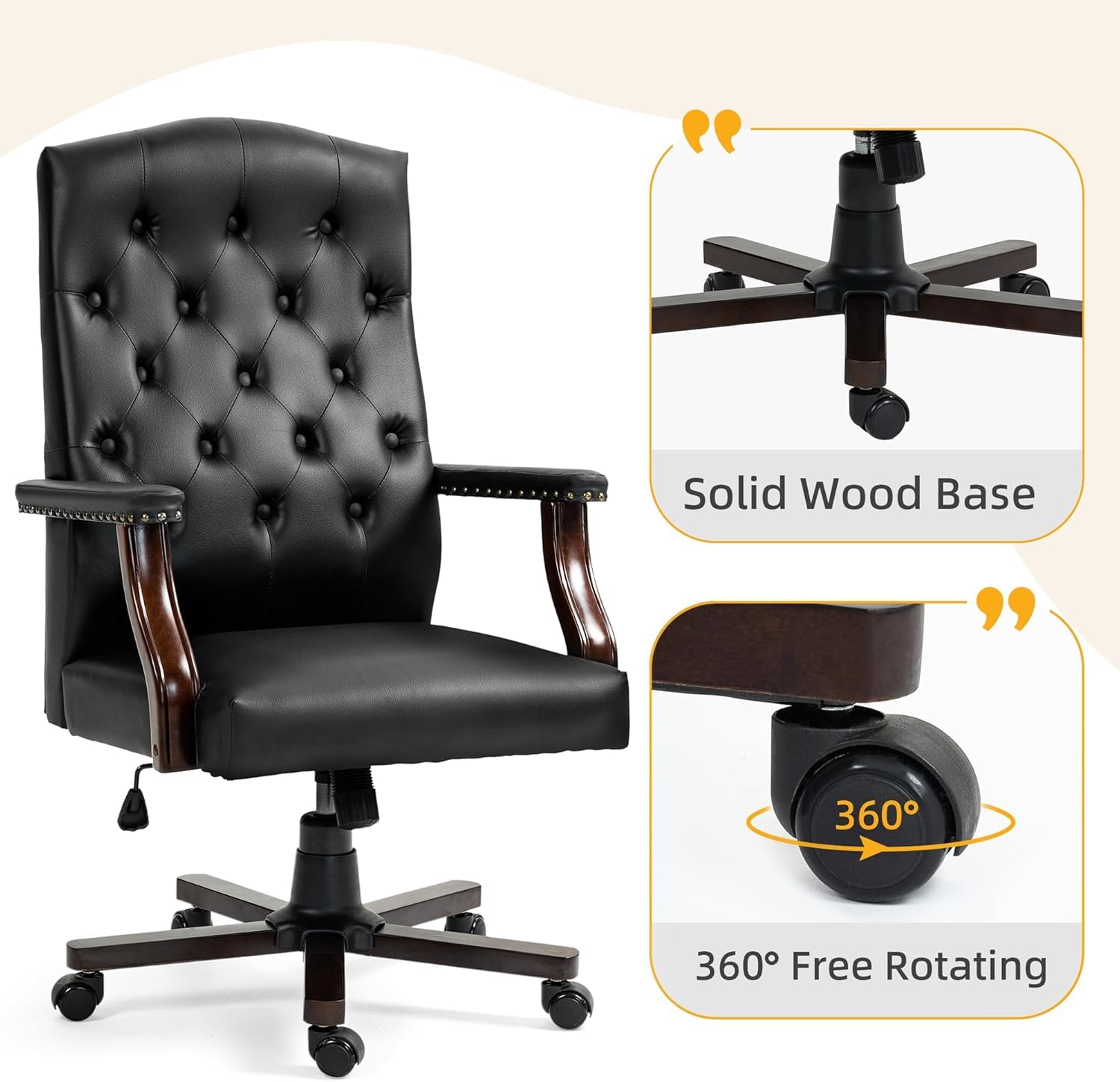 Homrest Executive Wingback Office Chair – Vintage Faux Leather, High-Back Swivel Design – Black
