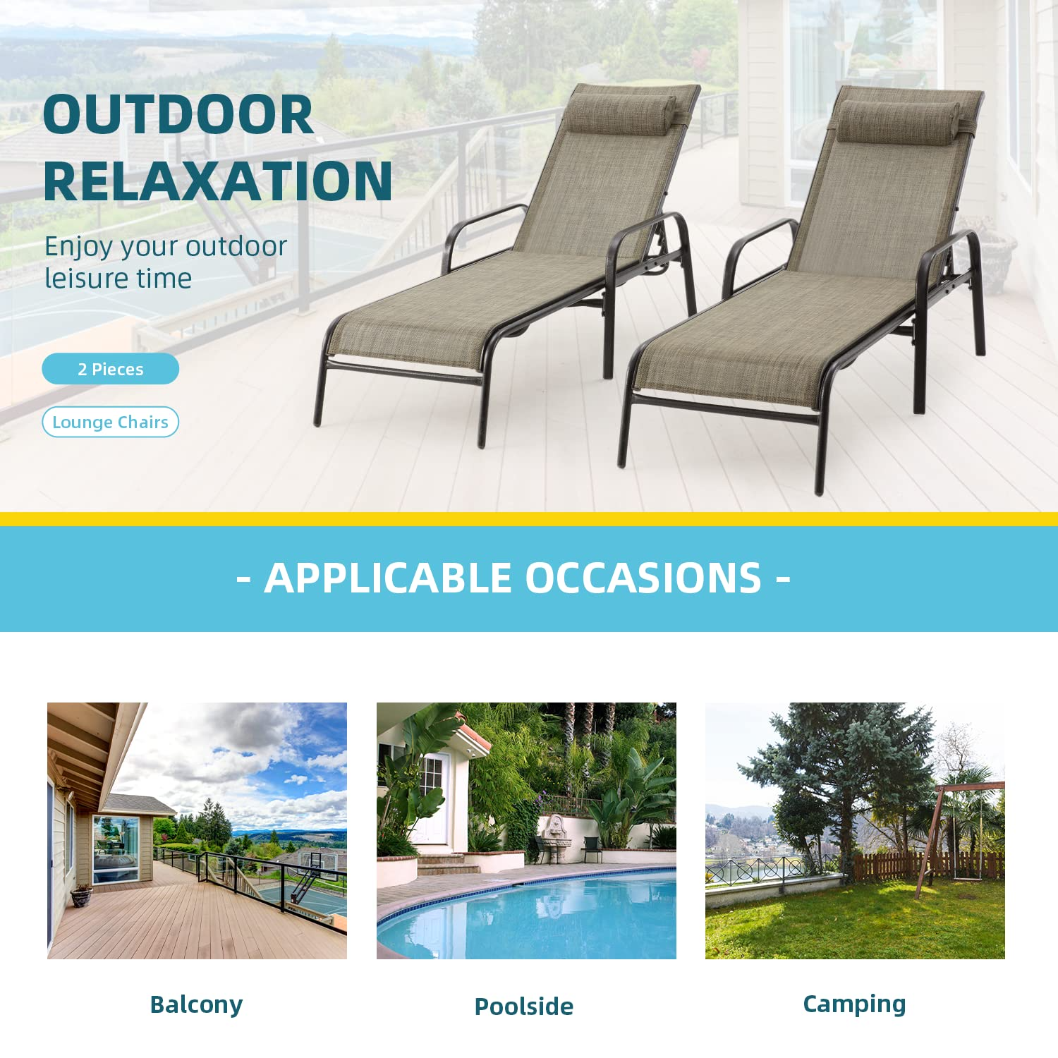 HOMREST Set of 2 Chaise Lounges Patio, Outdoor Lounge Chairs with Adjustable Backrest, All-Weather Textilene