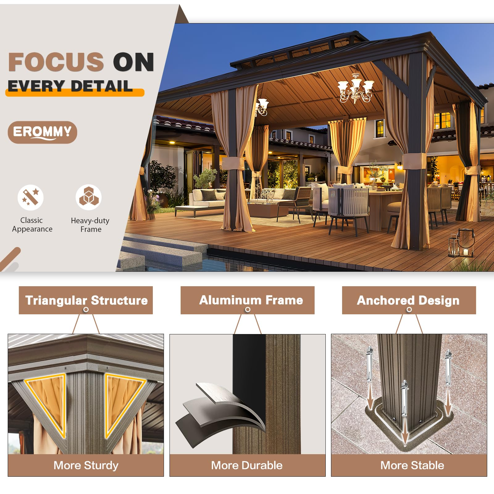 Homrest 12' x 18' Gazebo Double Hardtop Roof Galvanized Steel Pavilion Aluminum Frame Permanent Brown