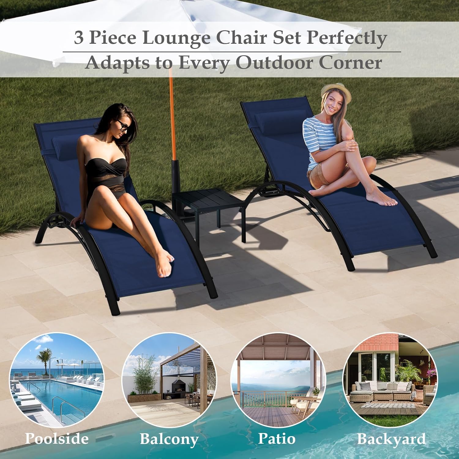 HOMREST 3-Piece Outdoor Chaise Lounge Set, Reclining Patio Chairs with Side Table, Navy Blue