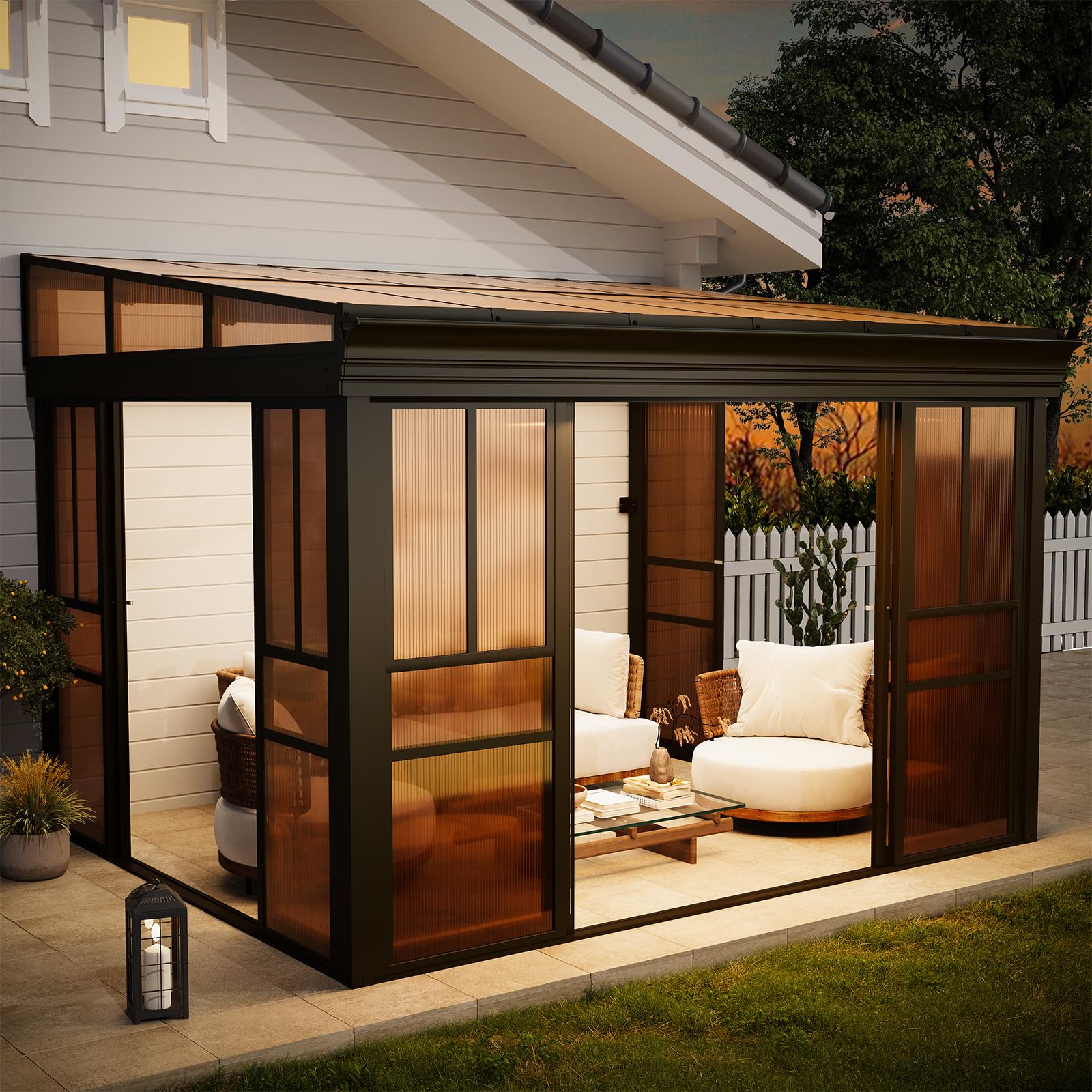 HOMREST 10x12 Lean-to Sunroom Gazebo, Enclosed Patio Shelter with Sliding Doors, Polycarbonate Roof and Brown-Tinted Panels, Aluminum Frame for Backyard