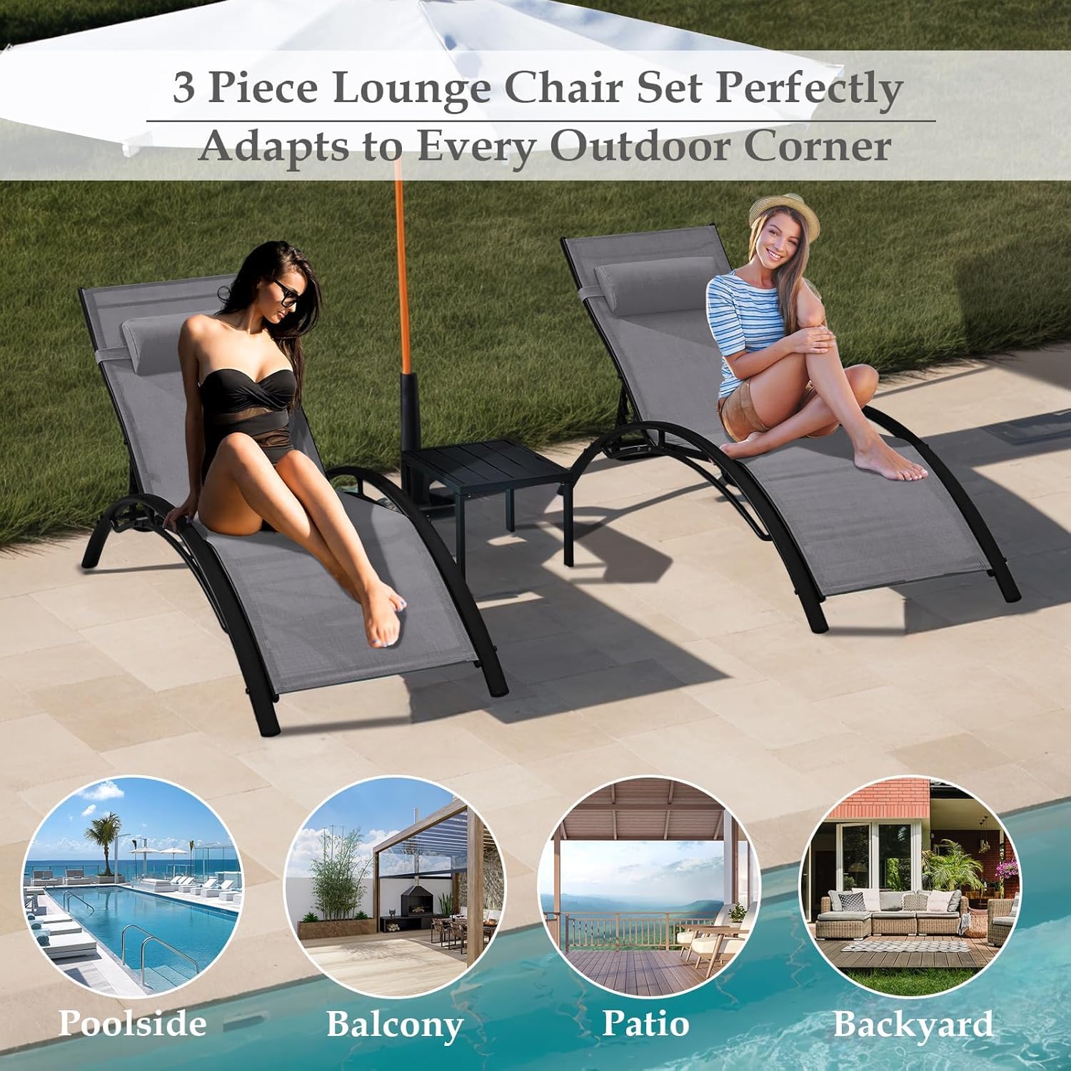 HOMREST 3-Piece Outdoor Chaise Lounge Set, Reclining Patio Chairs with Side Table, Gray