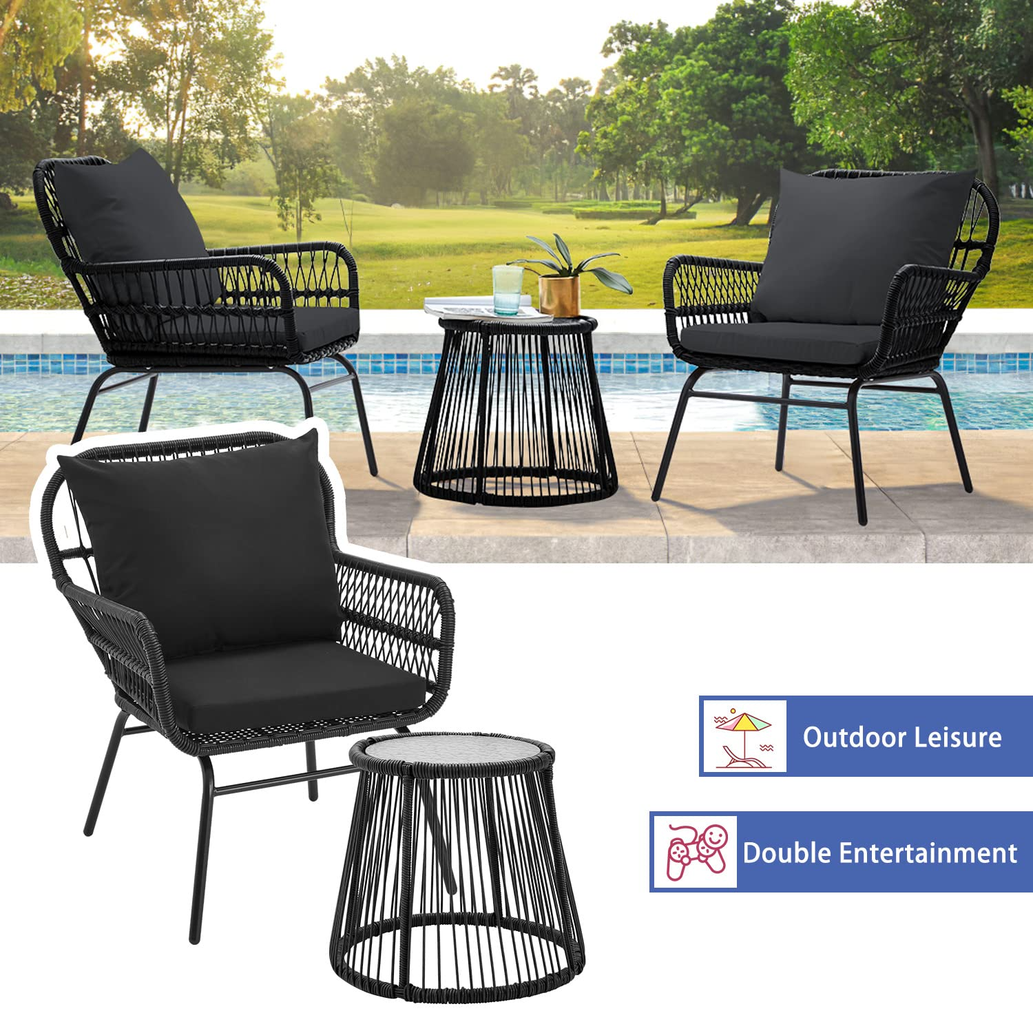 HOMREST 3-Piece Patio Bistro Set with Glass Top Table & 2 Ergonomic Armchairs, Black