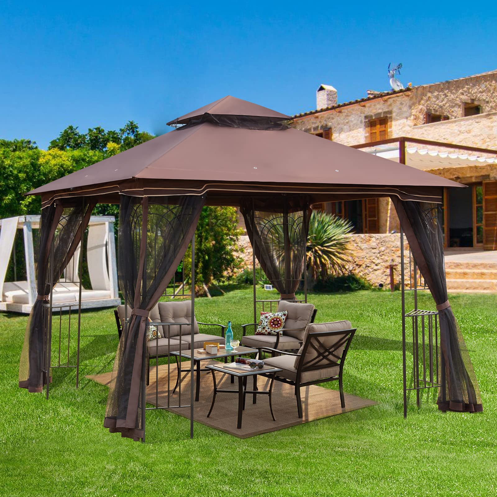 HOMREST Outdoor Gazebo 10'x10', Heavy Duty Canopy Tent with Soft Double Roofs & Metal Corner Frame Shelves, Party Tent Shelter with Mosquito Netting for Patio, Deck, Backyard, Brown