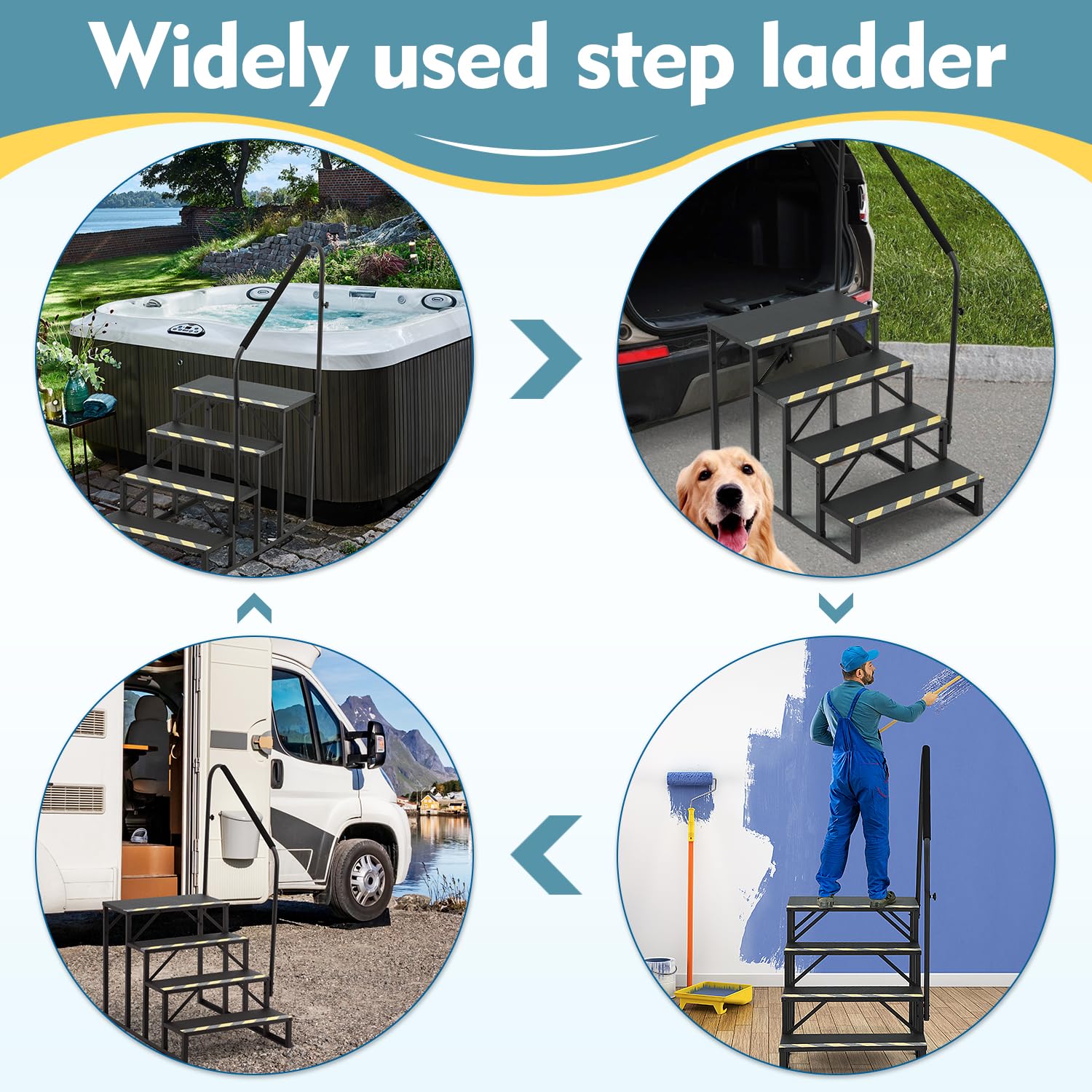 HOMREST 4-Step RV Steps with Handrail, 660 LBS Metal RV Stairs with Armrest Cover, Anti-Slip Hot Tub Steps, Mobile Home Steps with Non-Skid Tapes