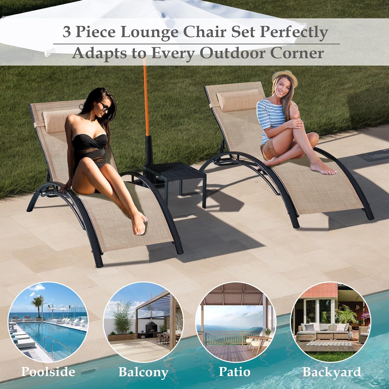 HOMREST 3-Piece Outdoor Chaise Lounge Set, Reclining Patio Chairs with Side Table, Khaki