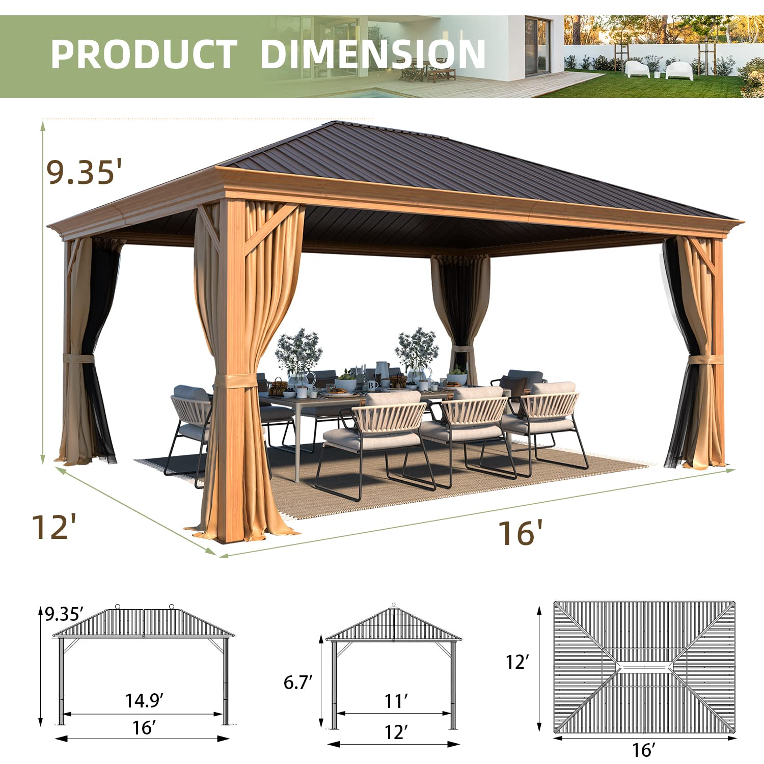 Homrest 12' x 16' Gazebo Hard-Top Single Roof Canopy,Wood Grain Aluminum Gazebo