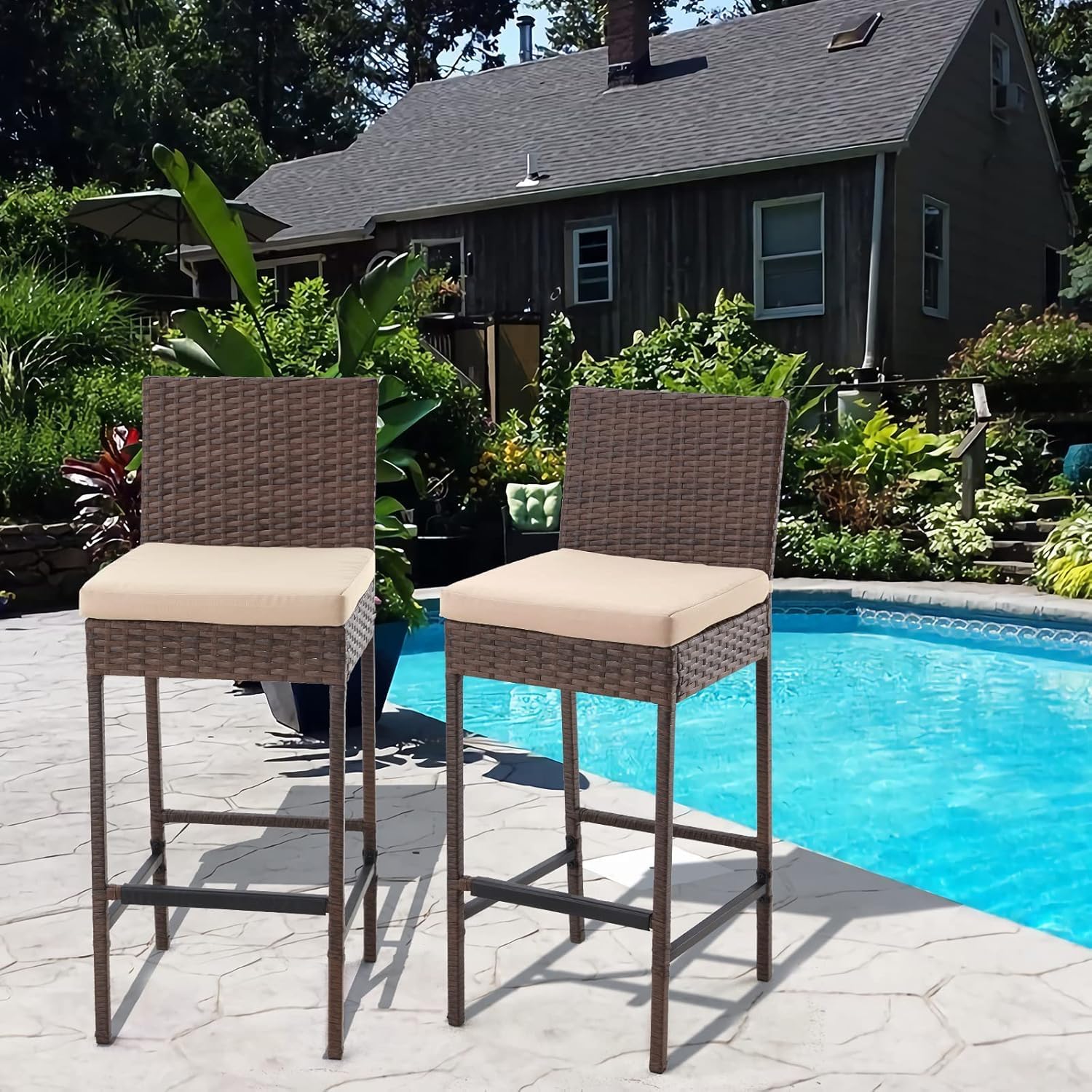 HOMREST Rattan Bar Stools Set of 4, Wicker Woven Patio Stools & Patio Bar Chairs with Seat Cushion and Cozy Footrest, Outdoor Furniture Armless Counter Height, Brown