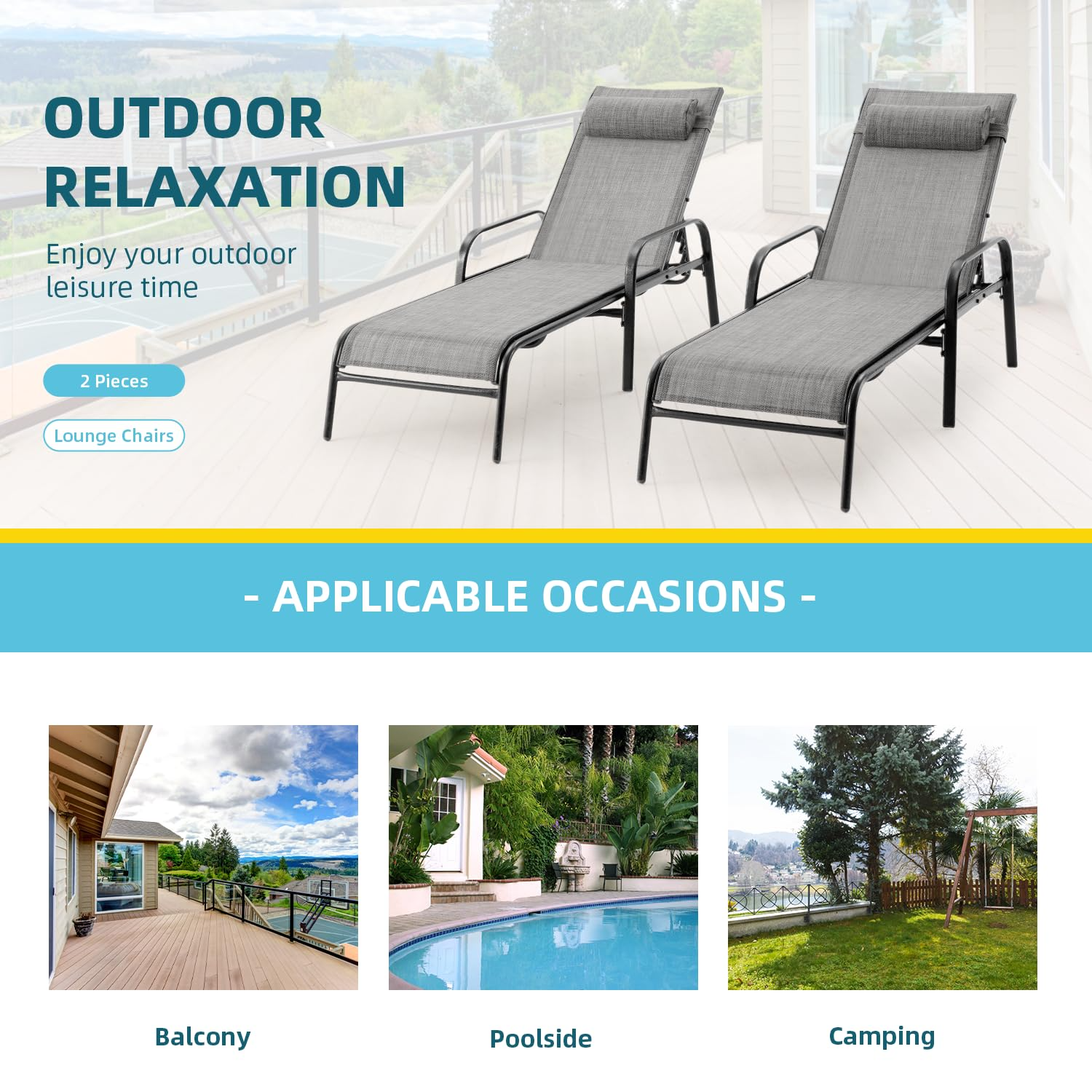 HOMREST Patio Chaise Lounges Set of 2 with Adjustable Backrest, Gray
