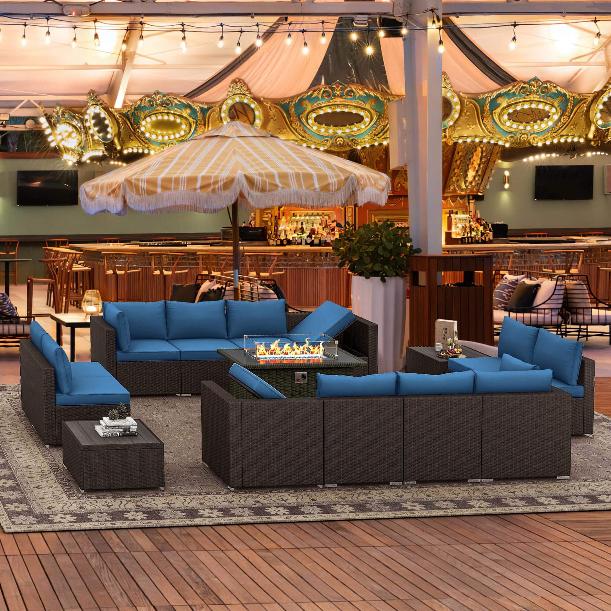 Outdoor sectional sofa with fire pit table, blue | Homrest furniture