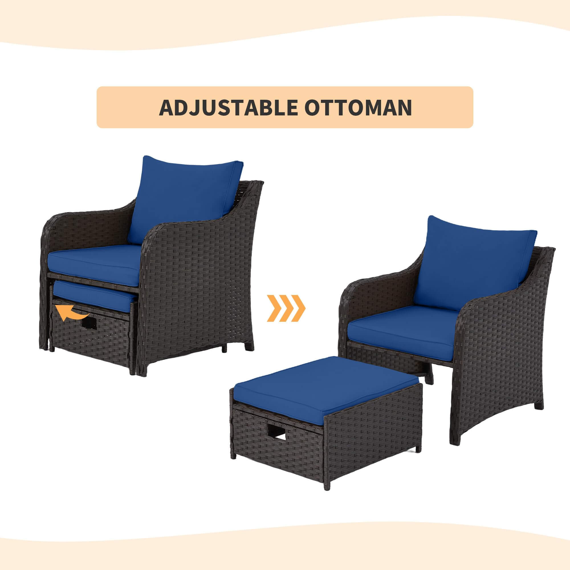 Homrest 5 Pcs Patio Wicker Chair Set with Ottomans and Coffee Table, Navy Blue
