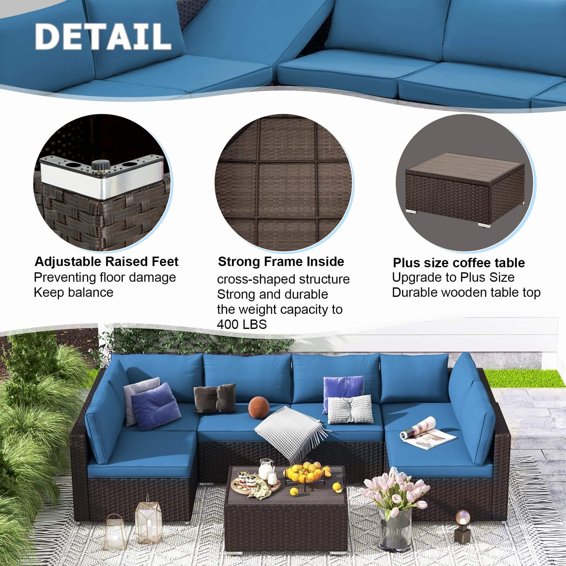 7 Pcs outdoor rattan sectional sofa with adjustable backrest, red cushions and coffee table, blue | Homrest furniture